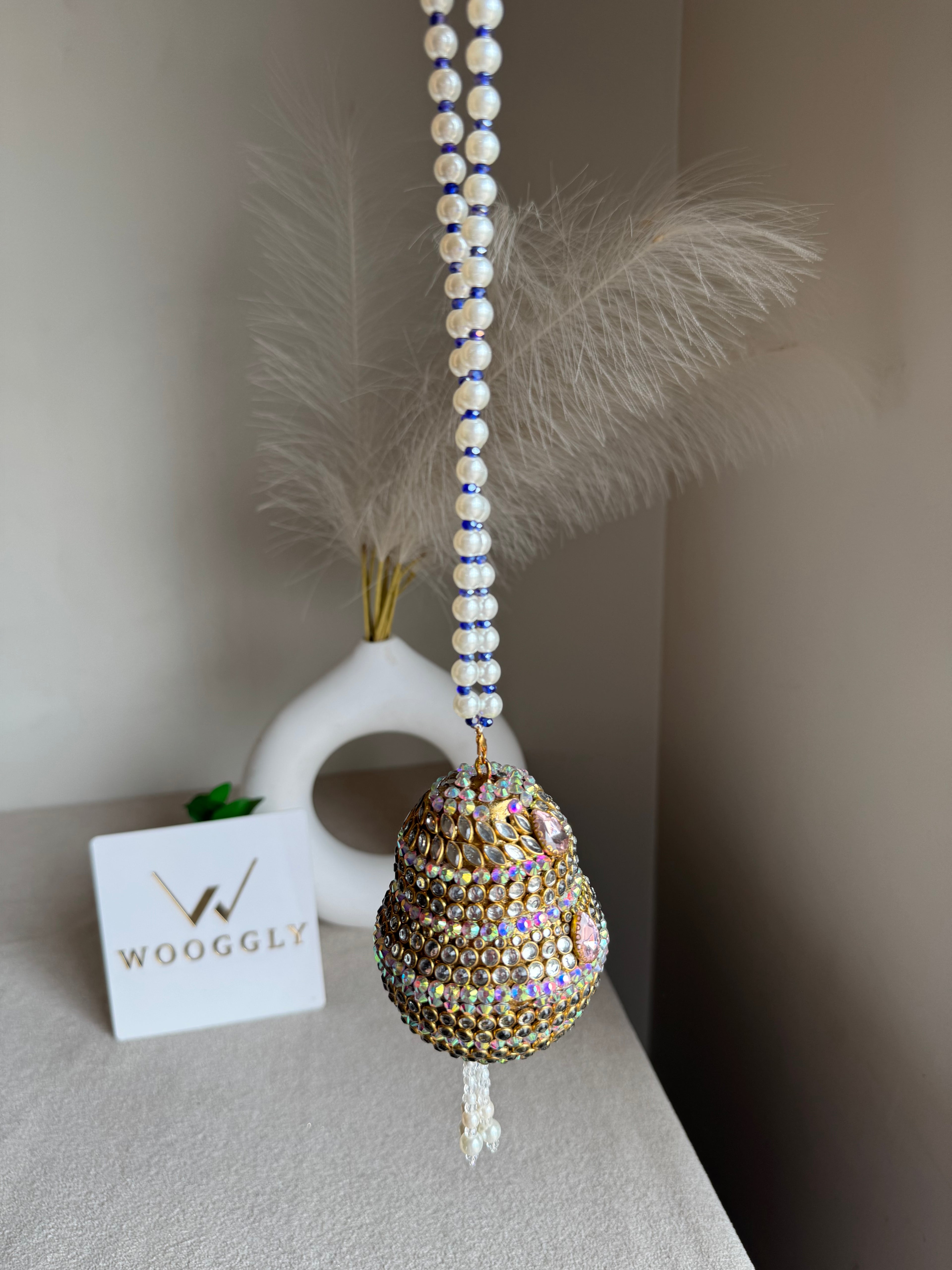 Turkish Potli - Pink Stone with Pearl/Blue Chain