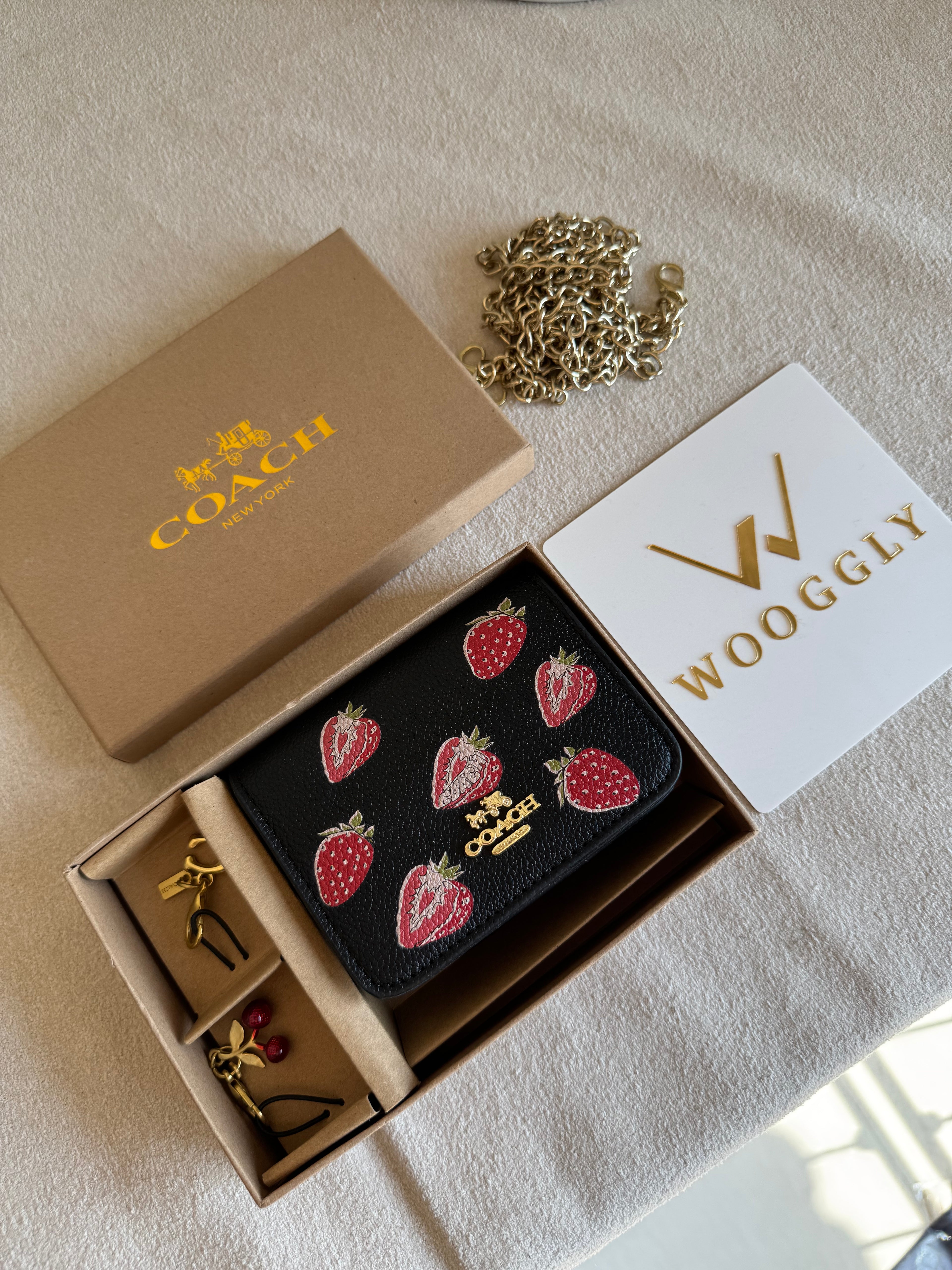 Coach Wallet with 2 Charms Gift Set - Black with Strawberries