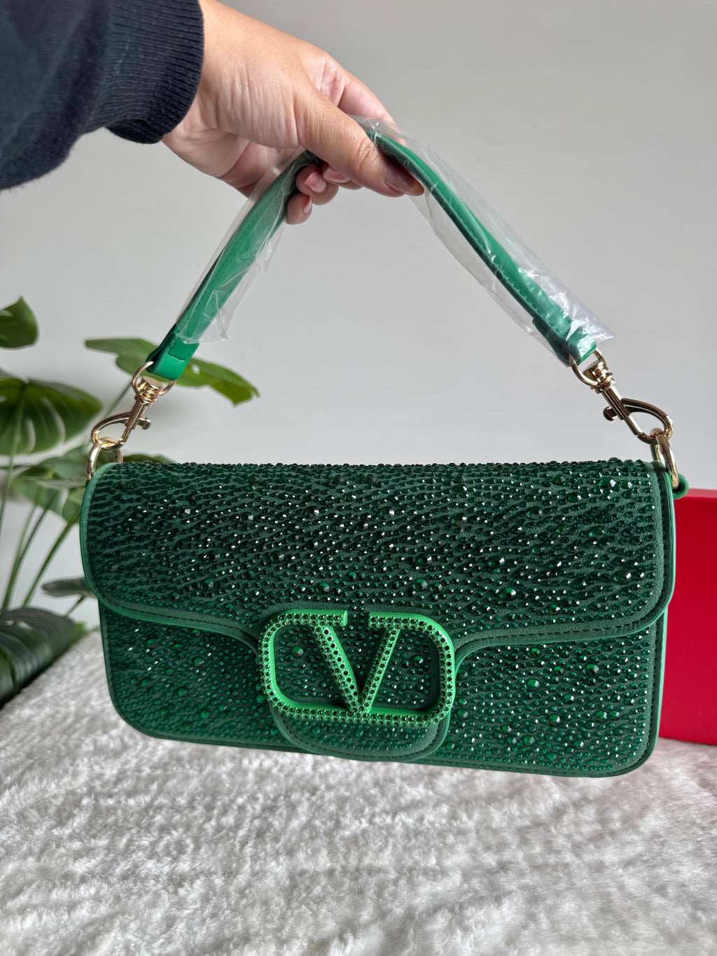 Valentino Loco Rhinestone PREMIUM Handbag with Box Packing - Emerald Green