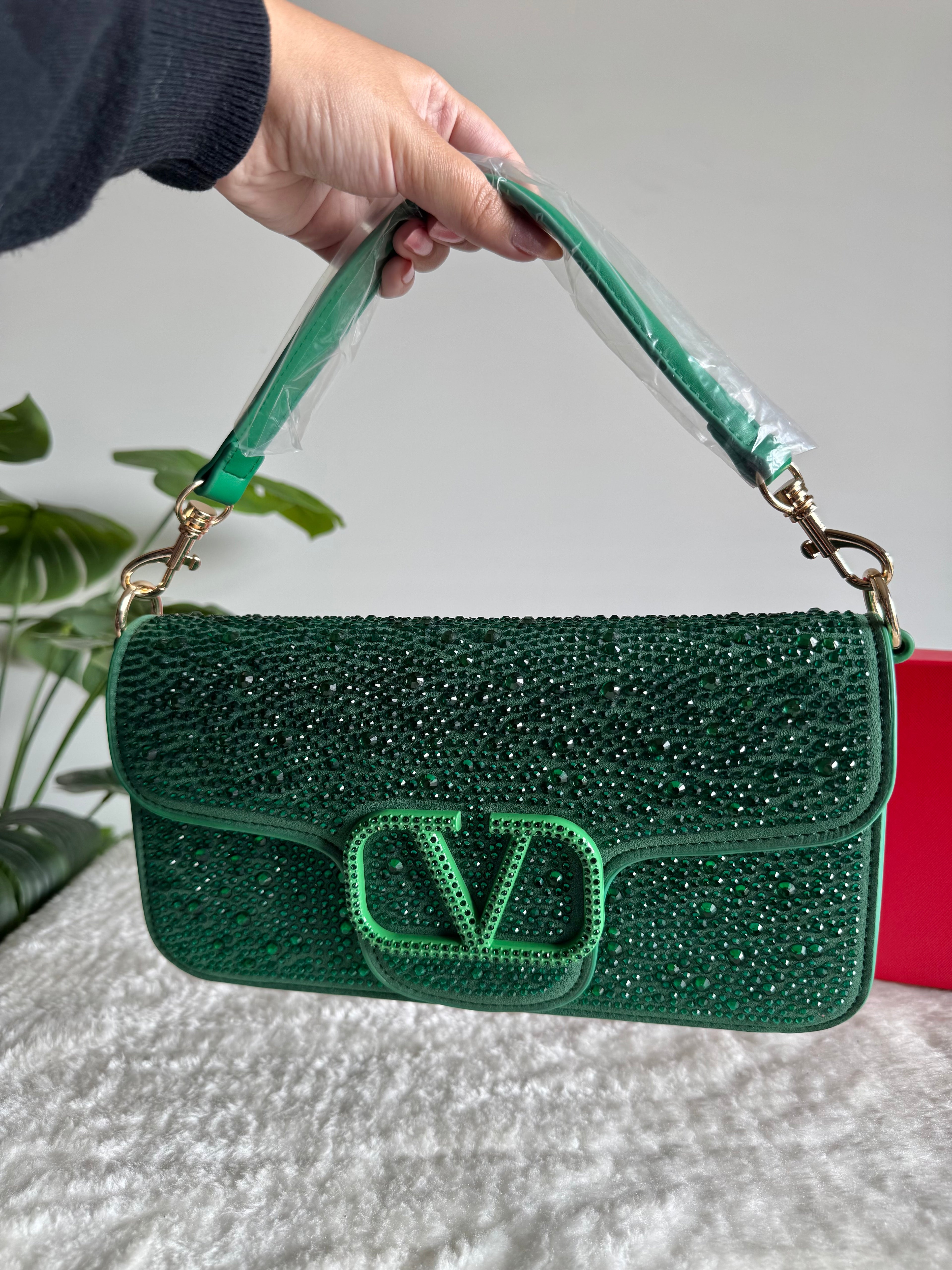 Valentino Loco Rhinestone PREMIUM Handbag with Box Packing - Emerald Green