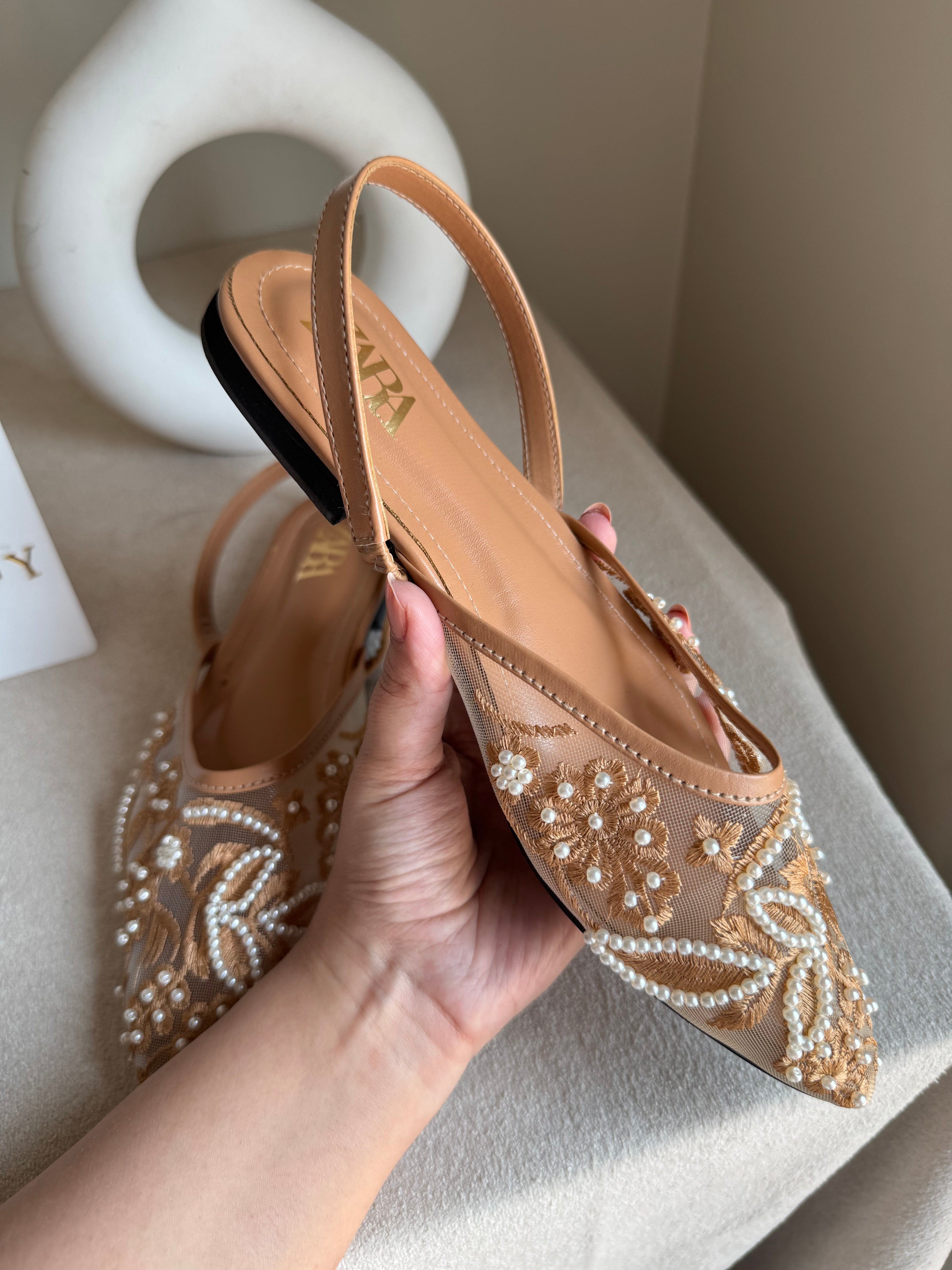 Zara Embroidered Mesh Slingback Flats  - Beige