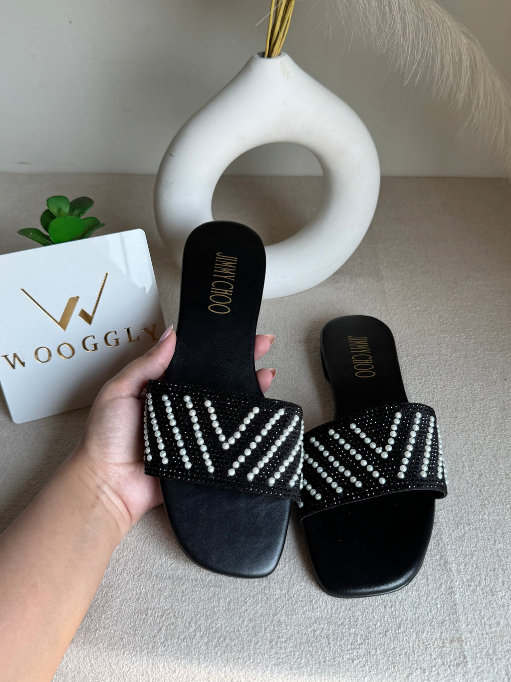Jimmy Choo Glam Slides Black with Pearl