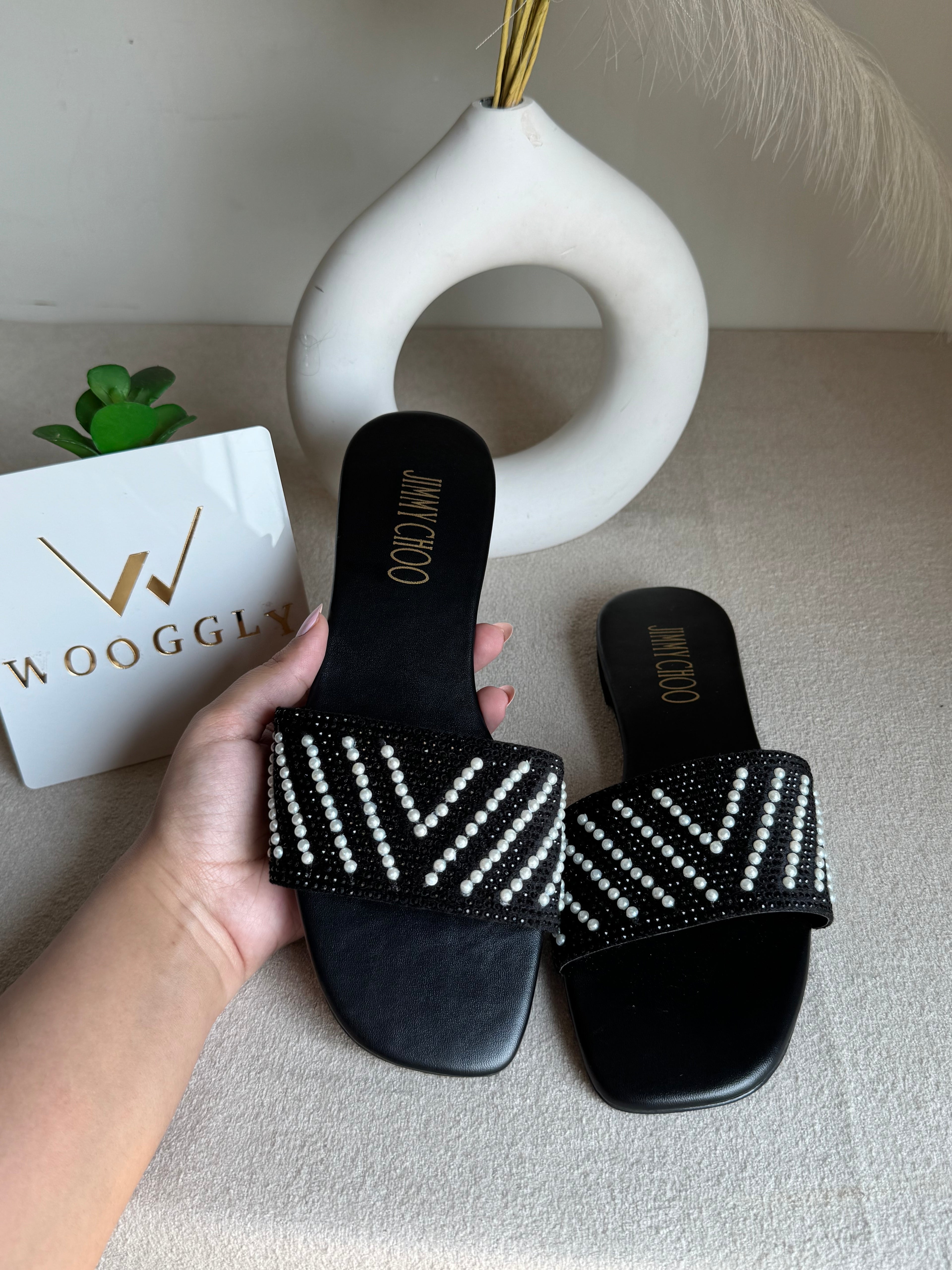 Jimmy Choo Glam Slides Black with Pearl