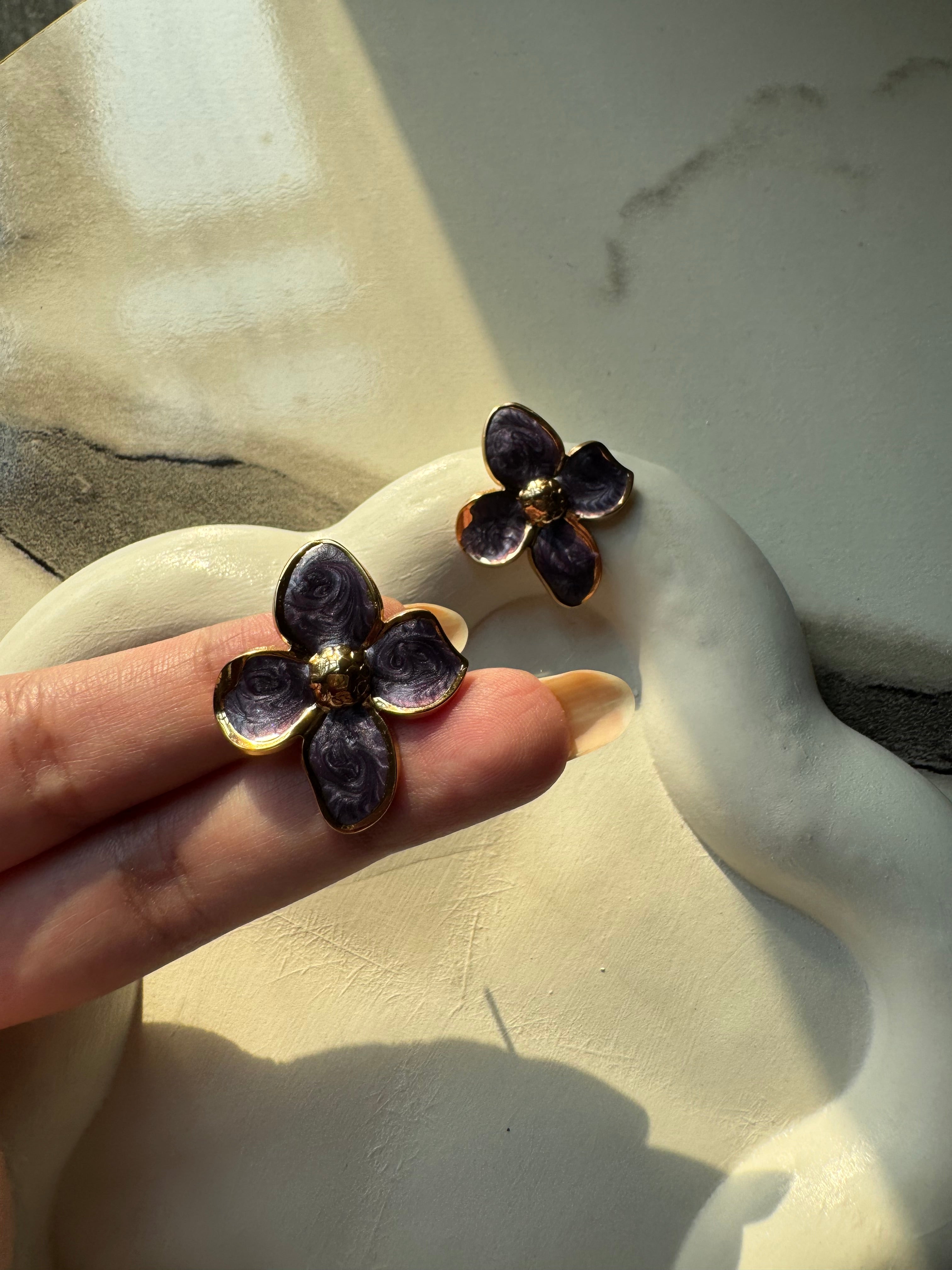 Velvet Floral Studs - Purple & Gold