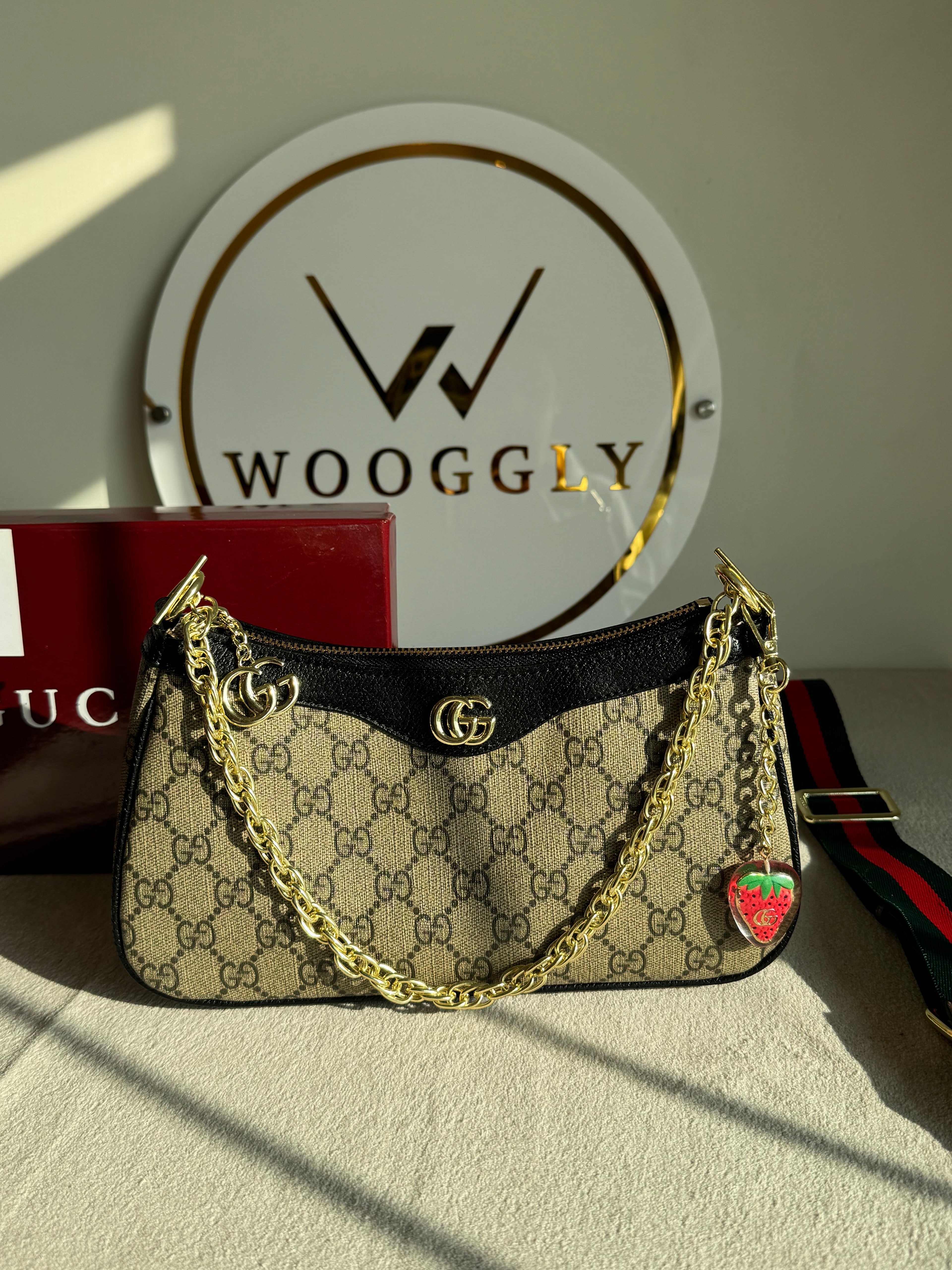 GUCCI Sling with Long Strap & Strawberry Charm - Signature Black with Box Packing