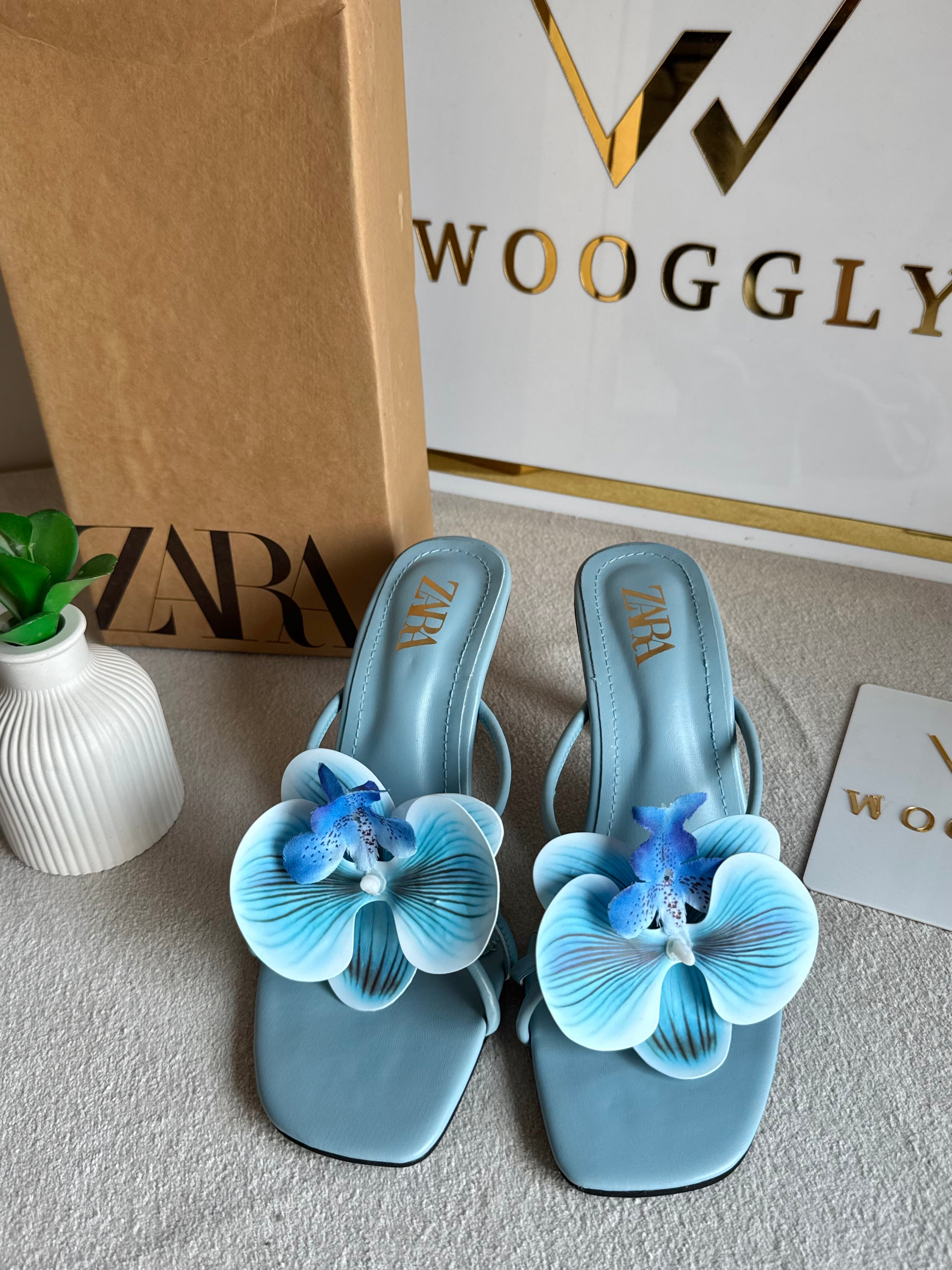 Zara Flower Heels BABY BLUE- with Brand Box