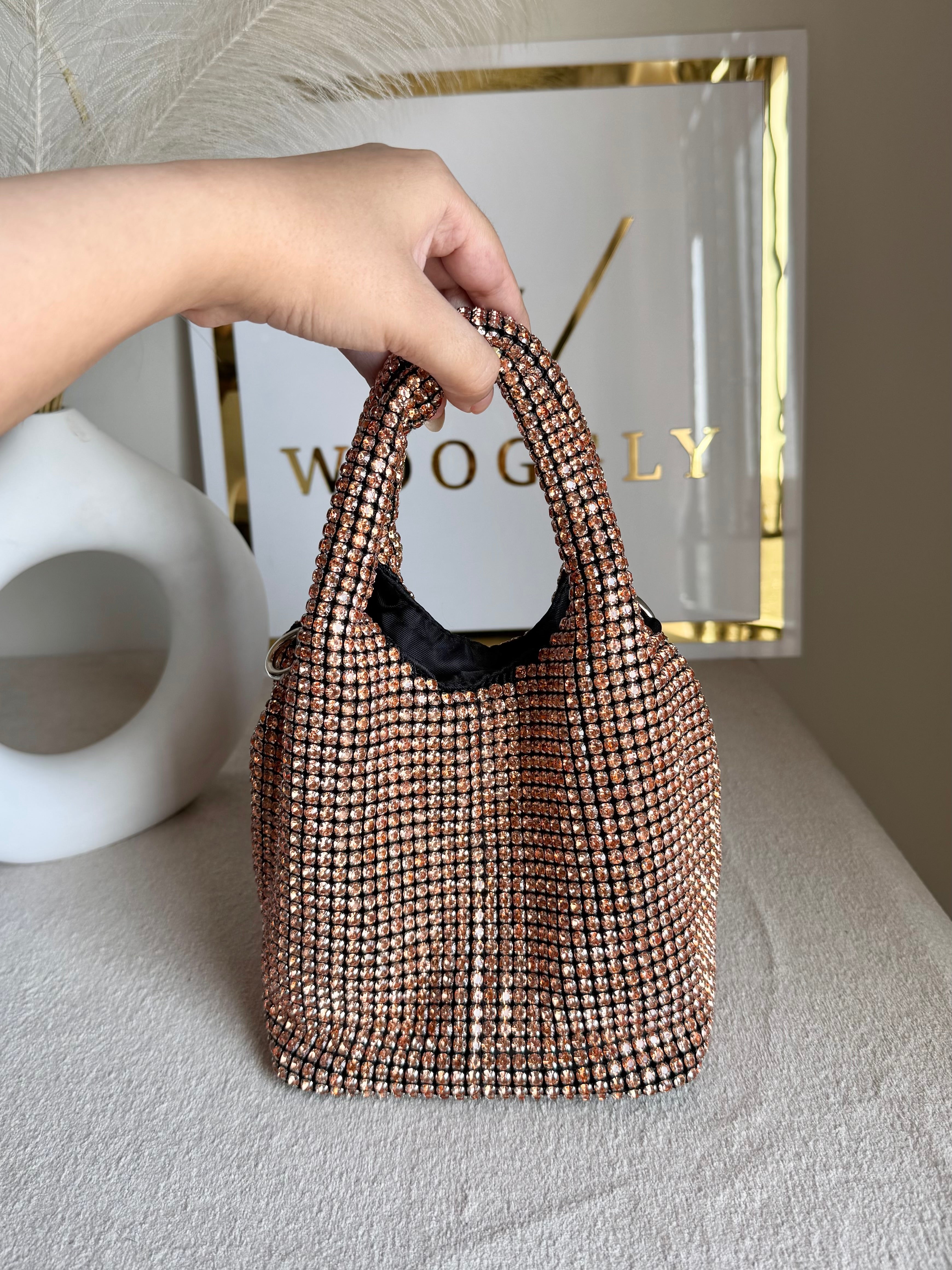 Party Wear Rhinestone Bucket Bag - Rose Gold