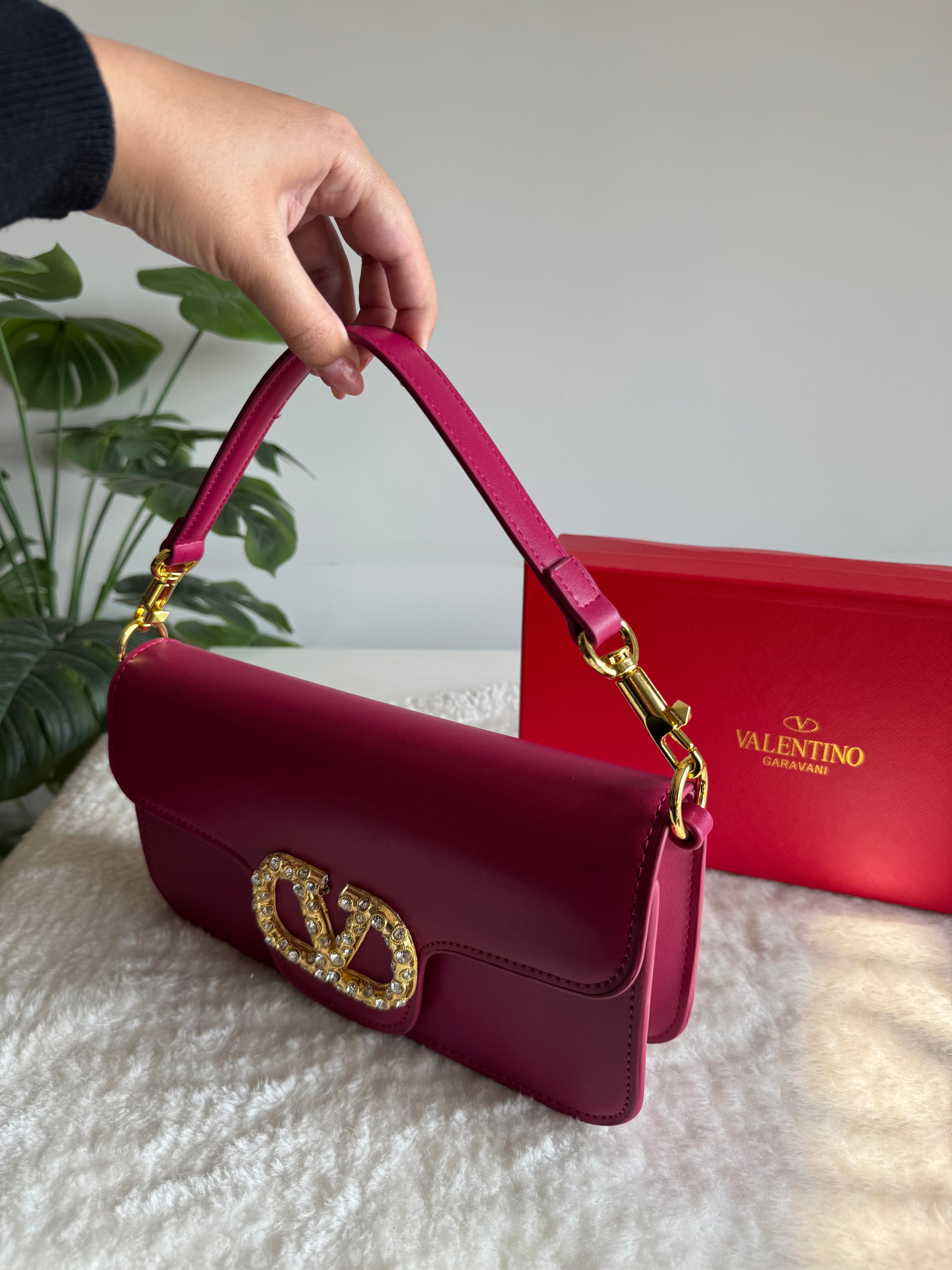 Valentino Loco with Jewel Logo PREMIUM Handbag with Box Packing - Hot Pink