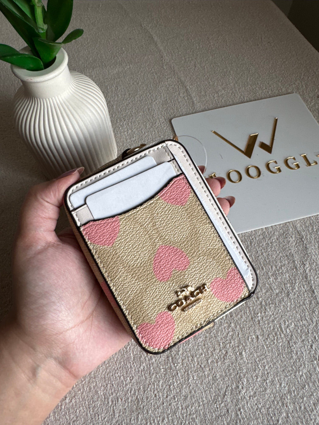 Coach Zip Card Case - Beige with Hearts