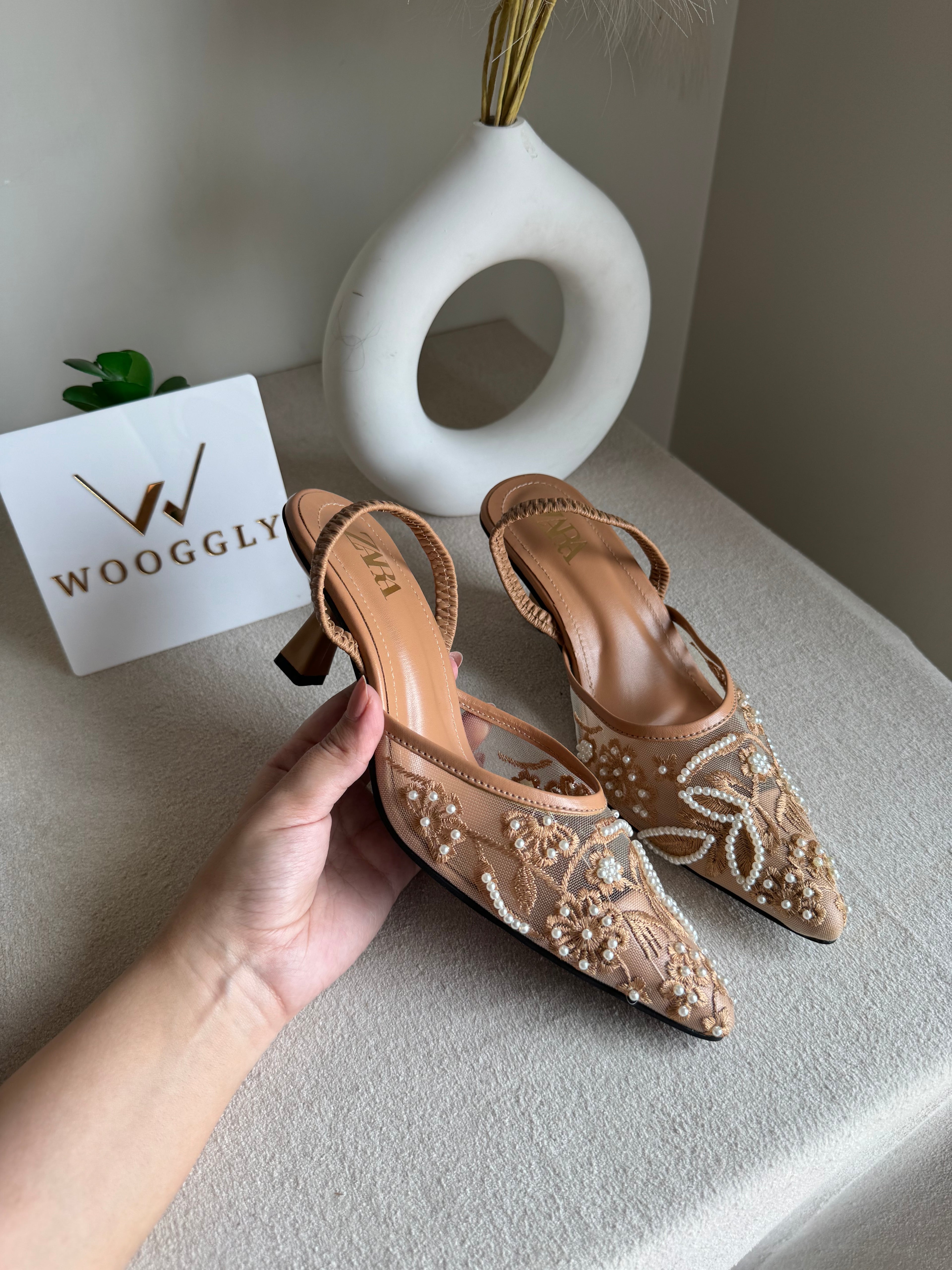 Zara Embroidered Net Heels - Beige