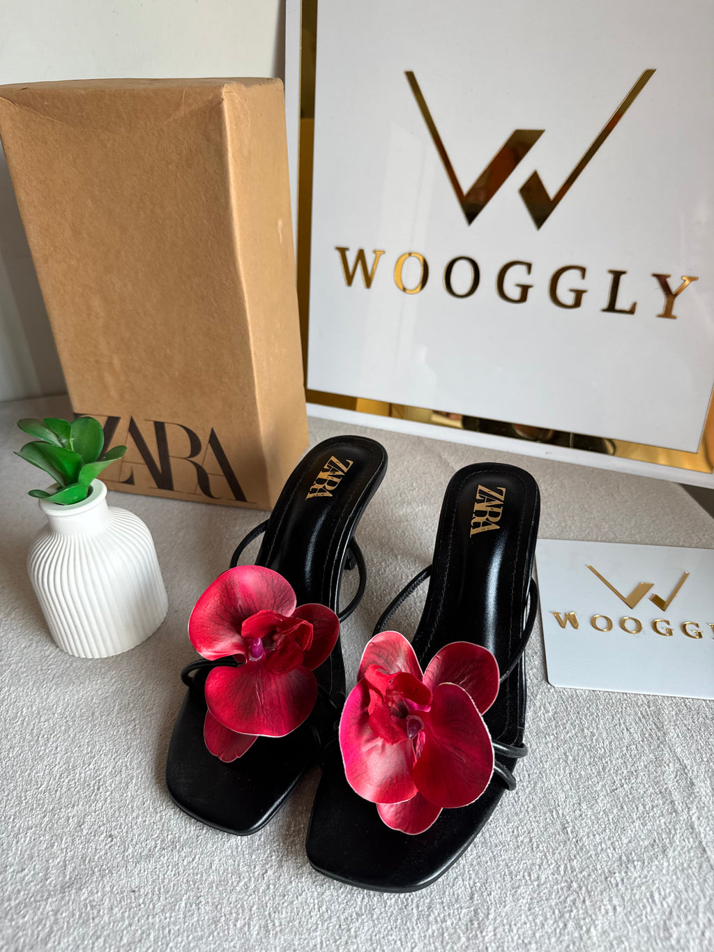 Zara Flower Heels BLACK WITH RED with Brand Box