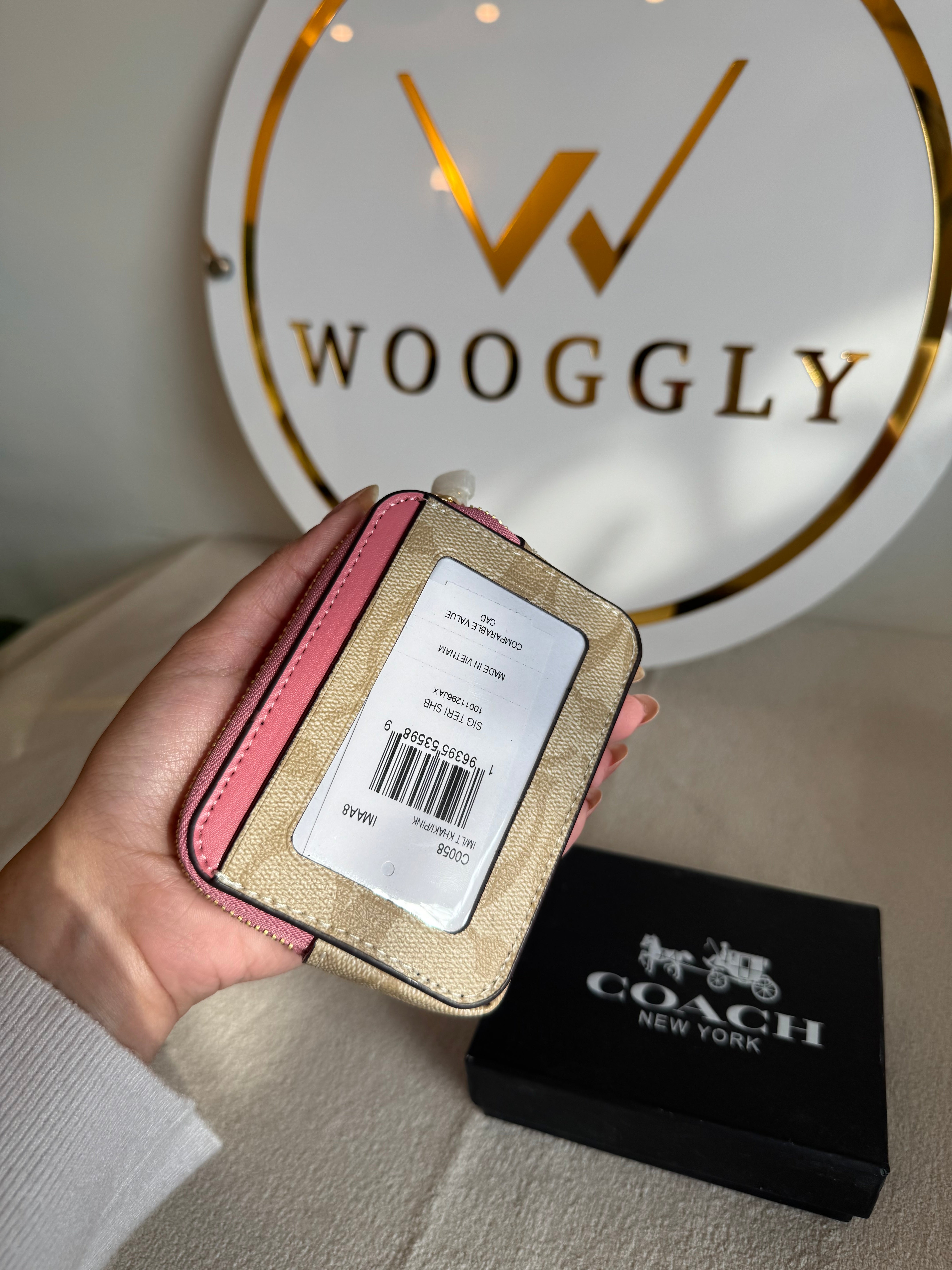 Coach Zip Card Case with Box Packing - Apricot Beige with Pink