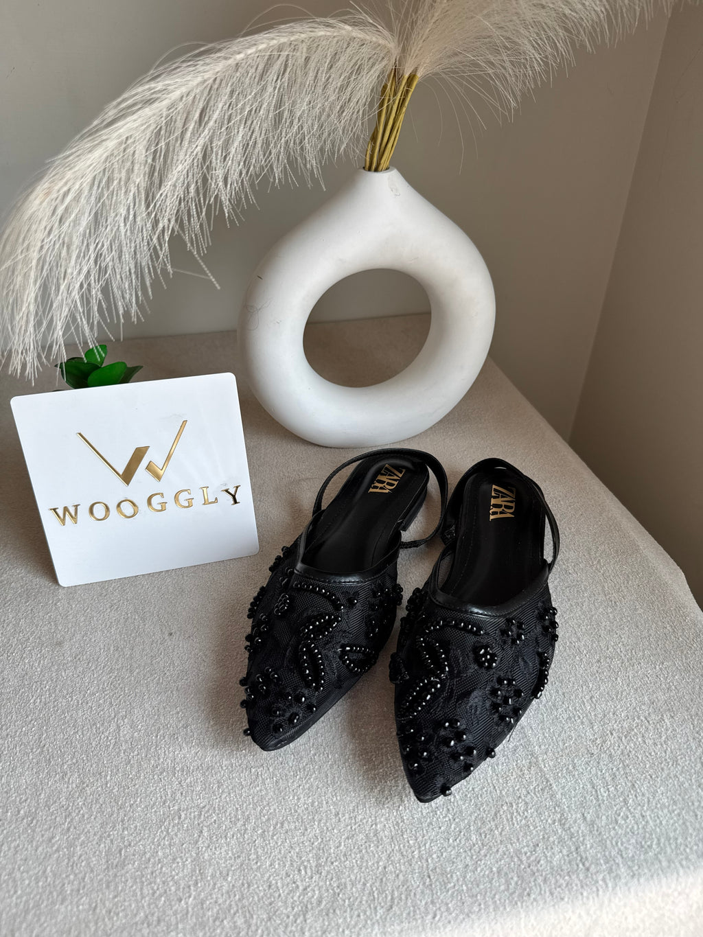 Zara Embroidered Mesh Slingback Flats  - Black