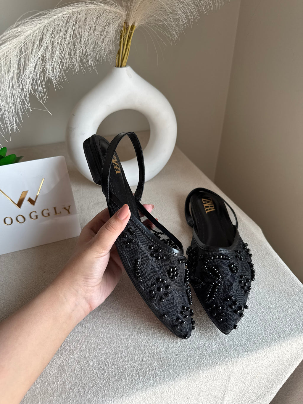 Zara Embroidered Mesh Slingback Flats  - Black