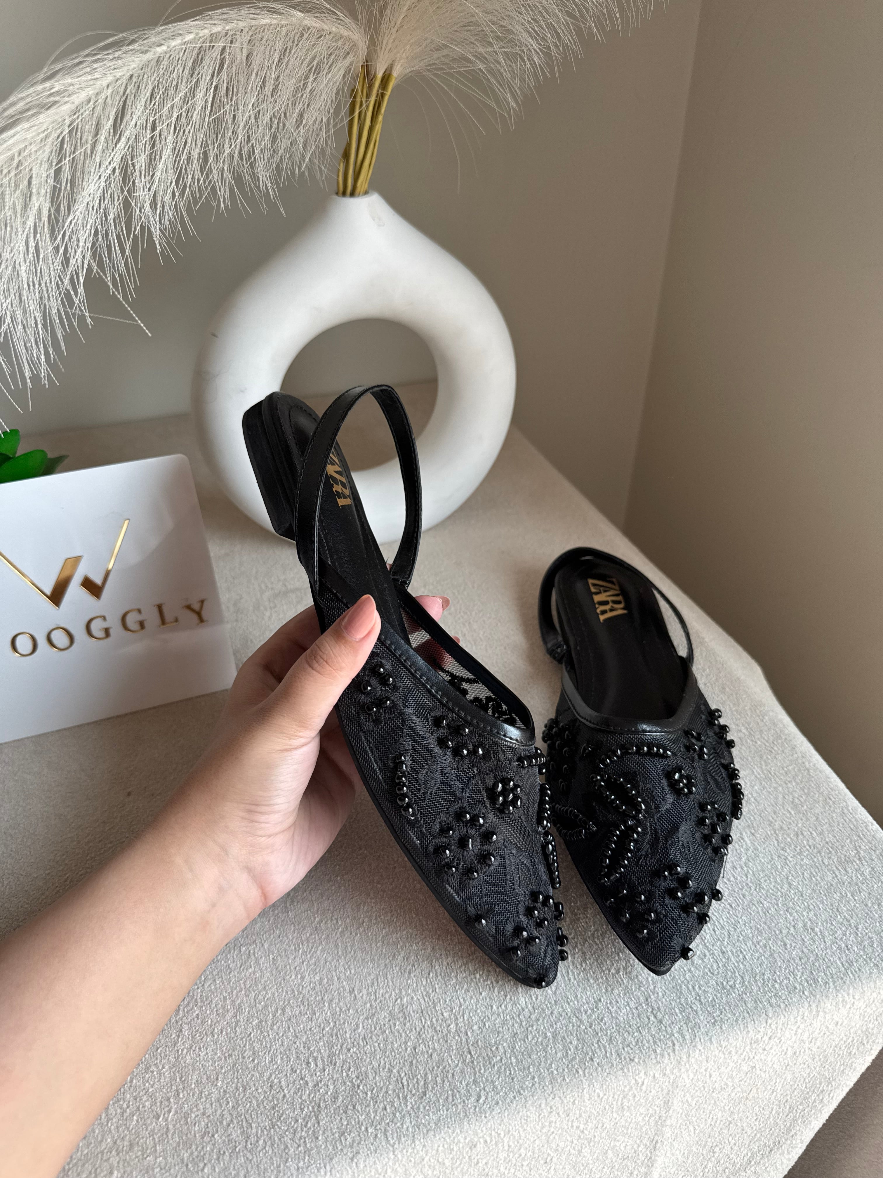 Zara Embroidered Mesh Slingback Flats  - Black