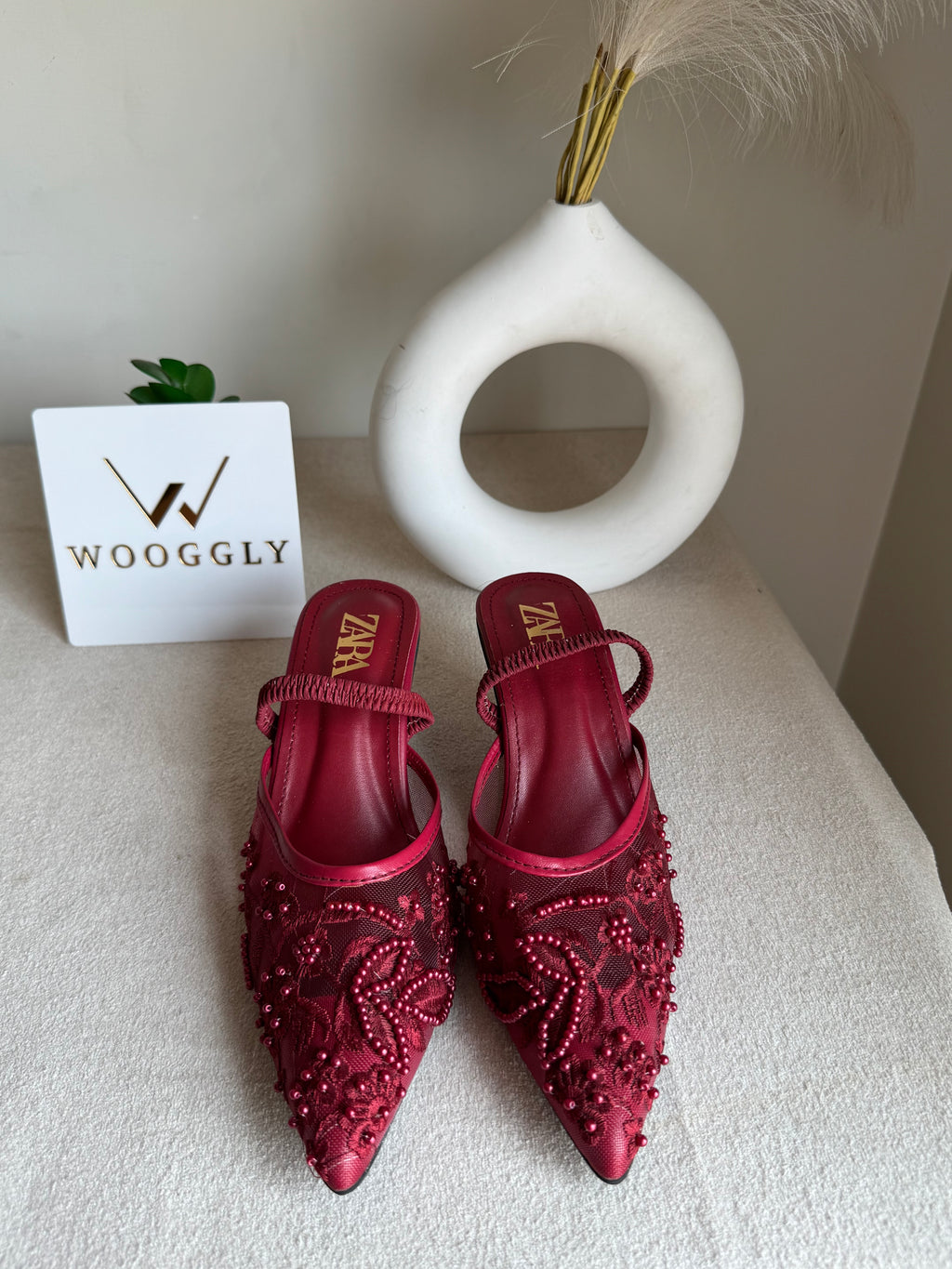 Zara Embroidered Net Heels - Maroon