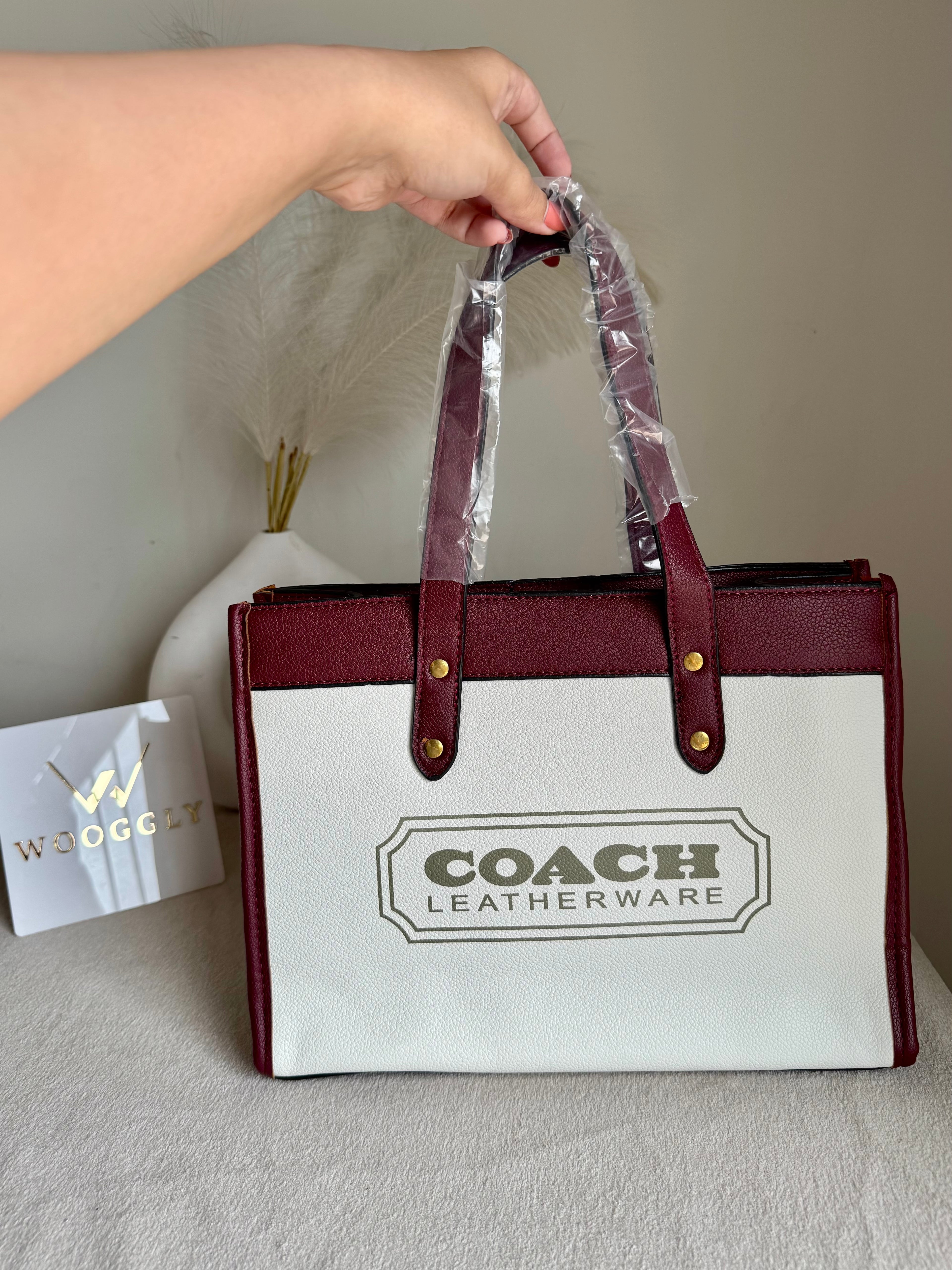 COACH Field Tote Bag - Maroon & White