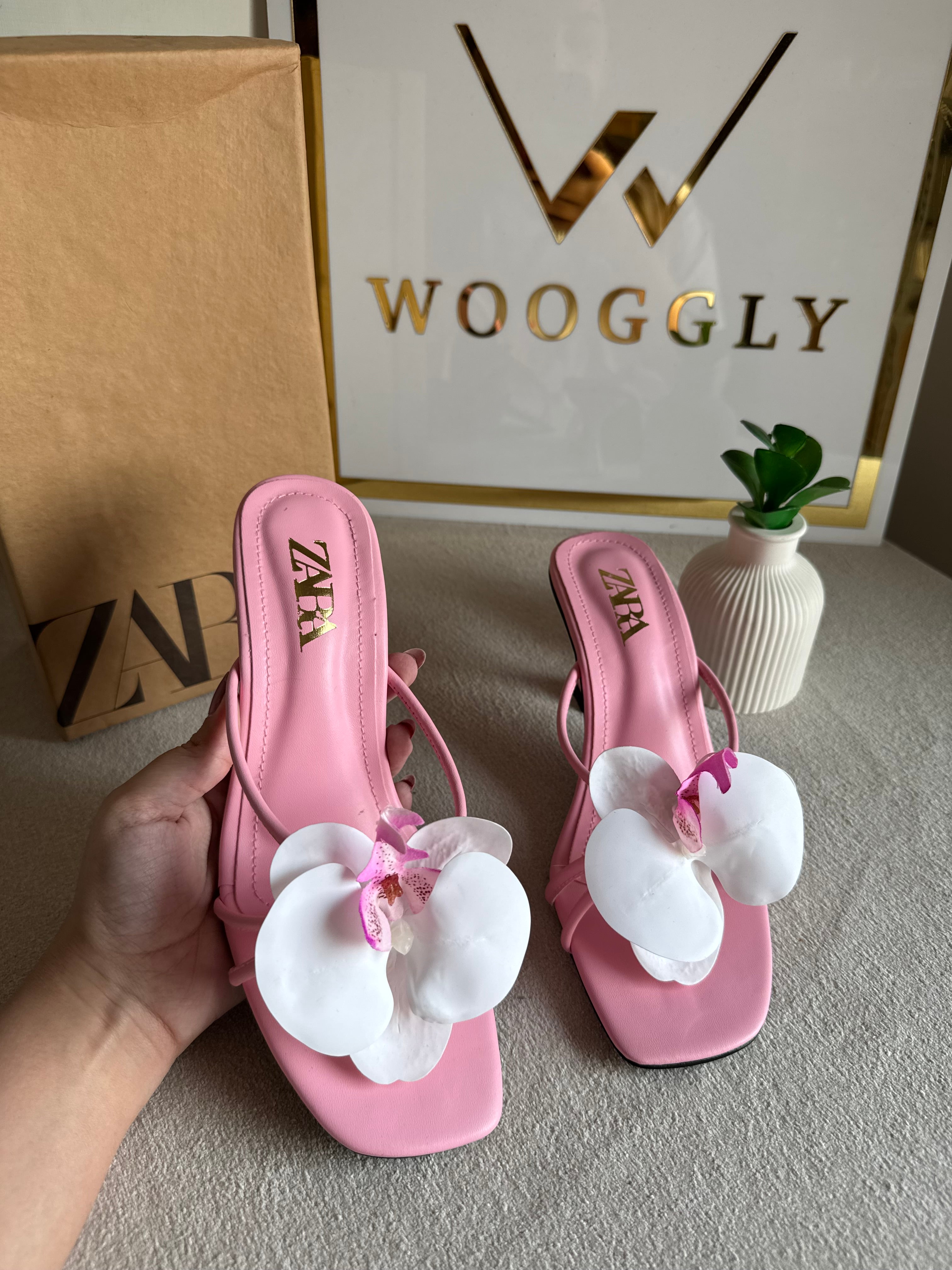 Zara Flower Heels BABY PINK - with Brand Box