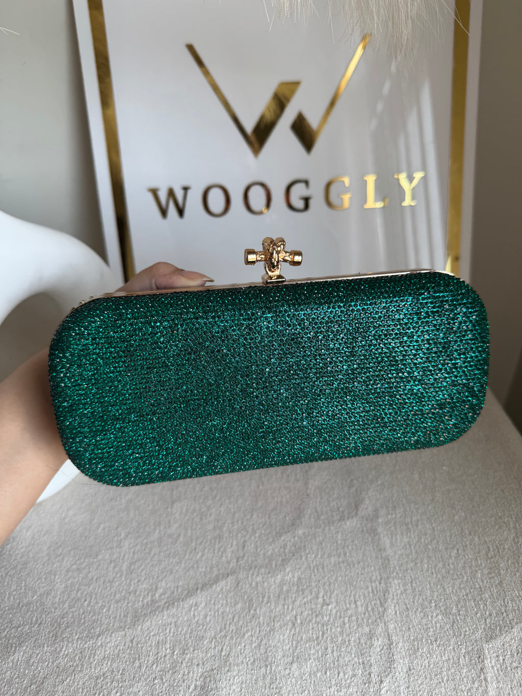 Bottega Shimmer Clutch - Green with Chain