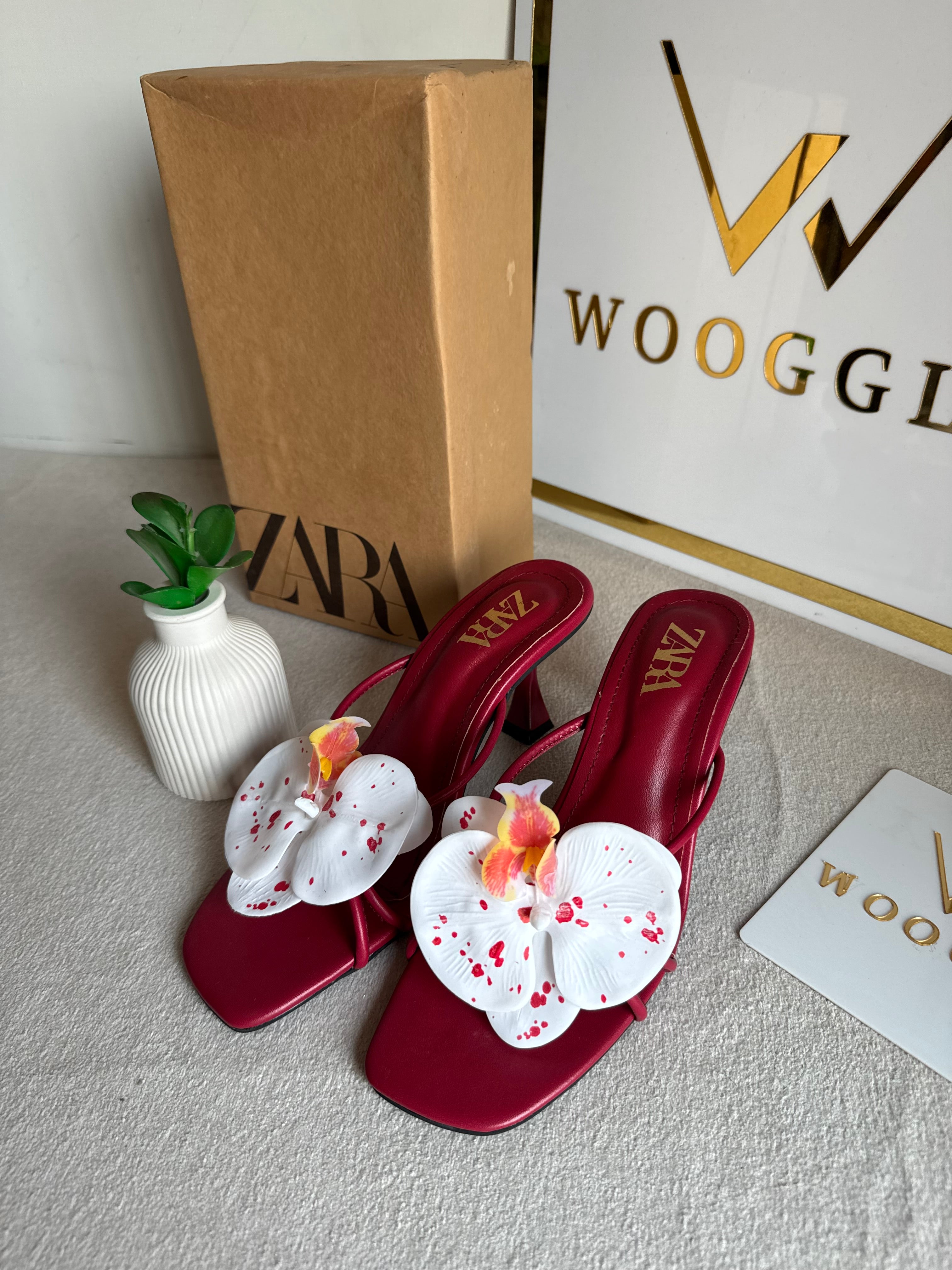 Zara Flower Heels MAROON - with Brand Box