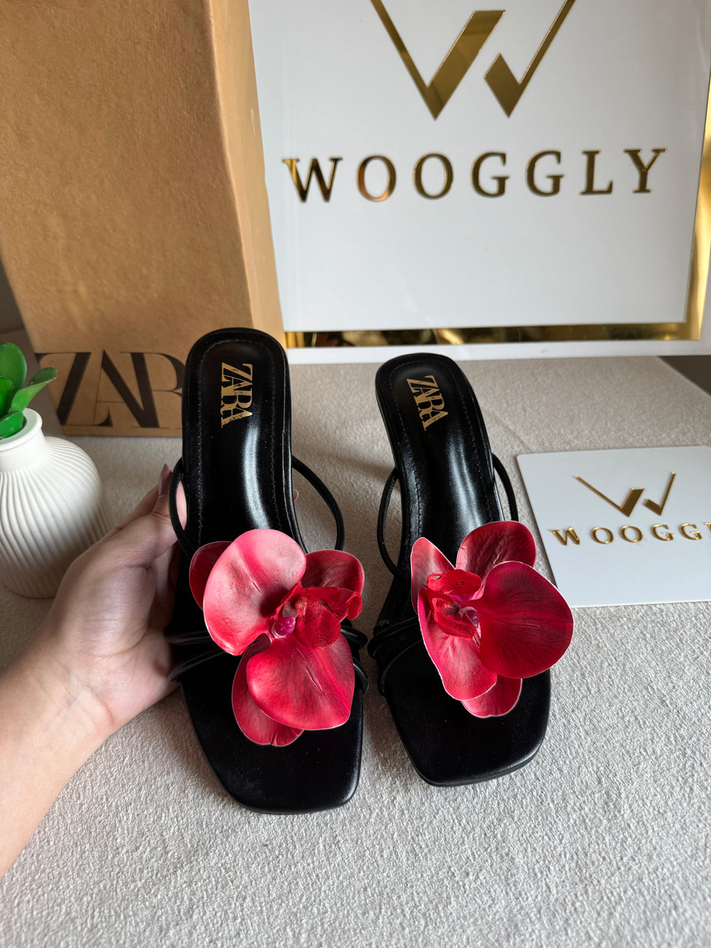 Zara Flower Heels BLACK WITH RED with Brand Box