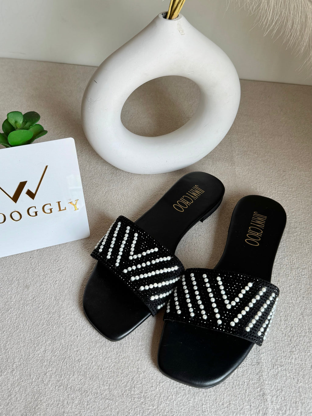Jimmy Choo Glam Slides Black with Pearl