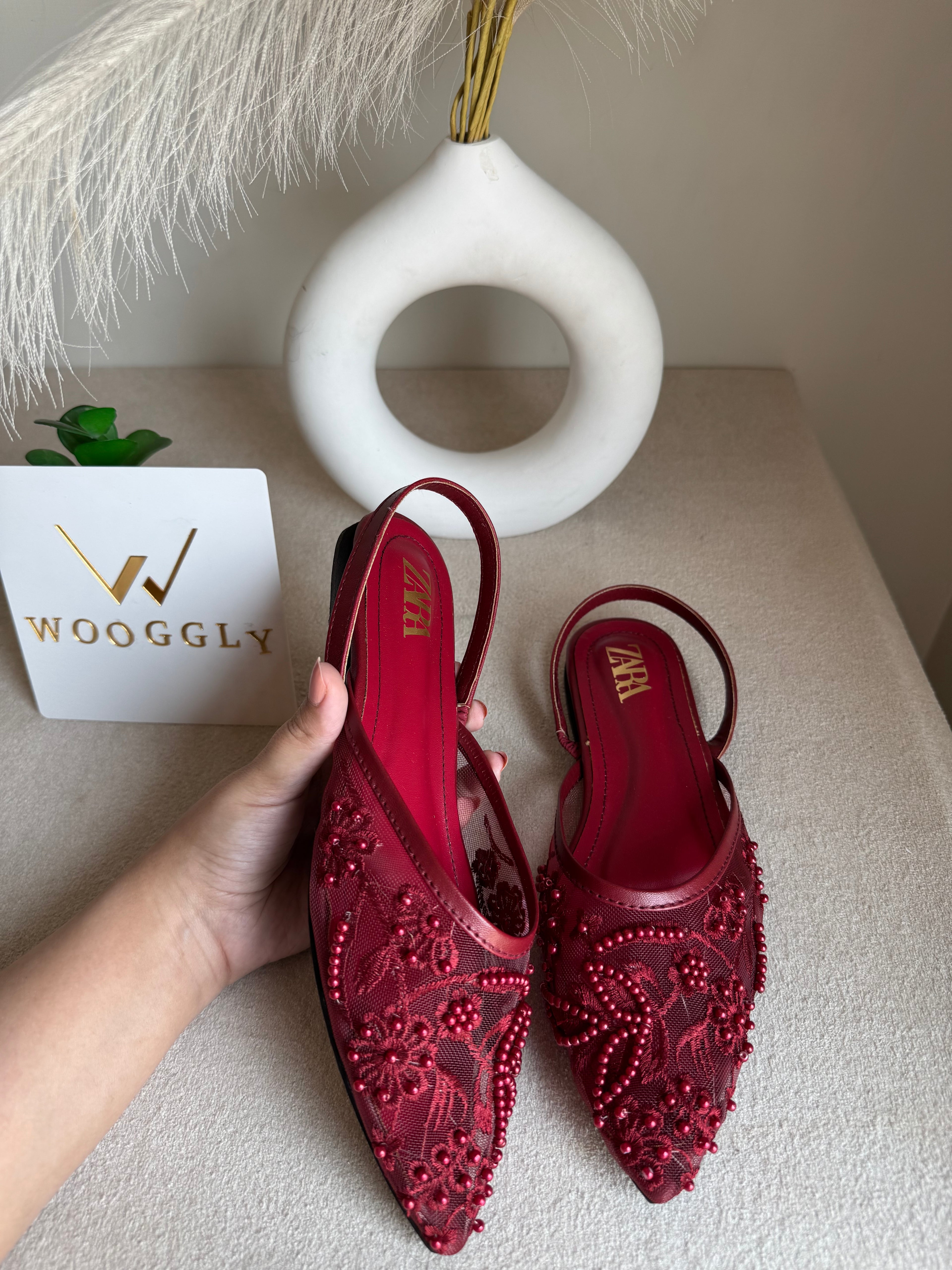 Zara Embroidered Mesh Slingback Flats  - Maroon