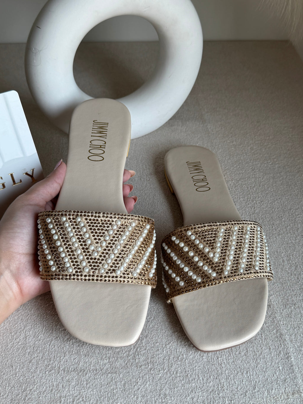 Jimmy Choo Glam Slides Beige with Pearl