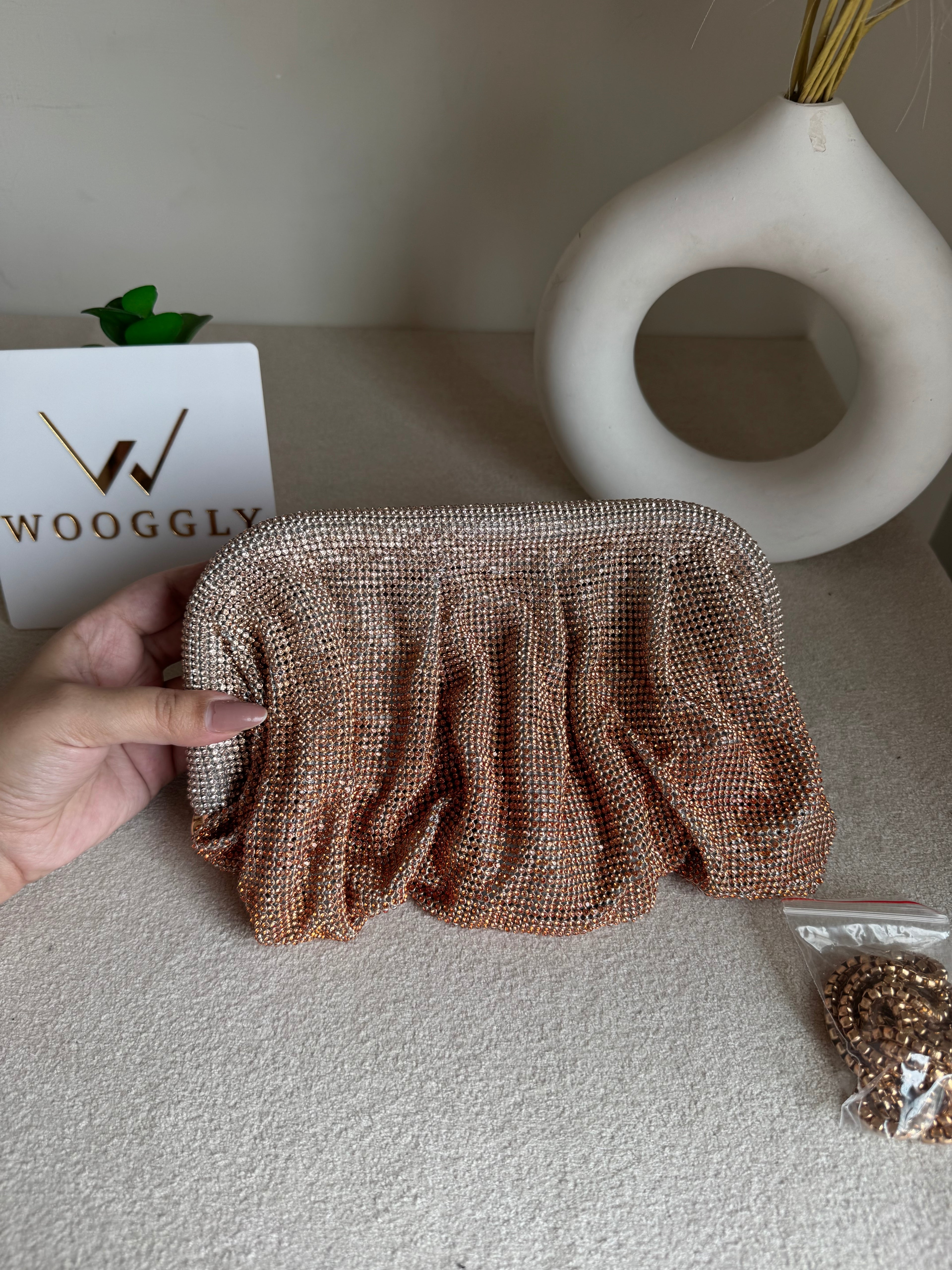 Viral High Quality Rhinestone Clutch with Chain - Rose Gold with Silver