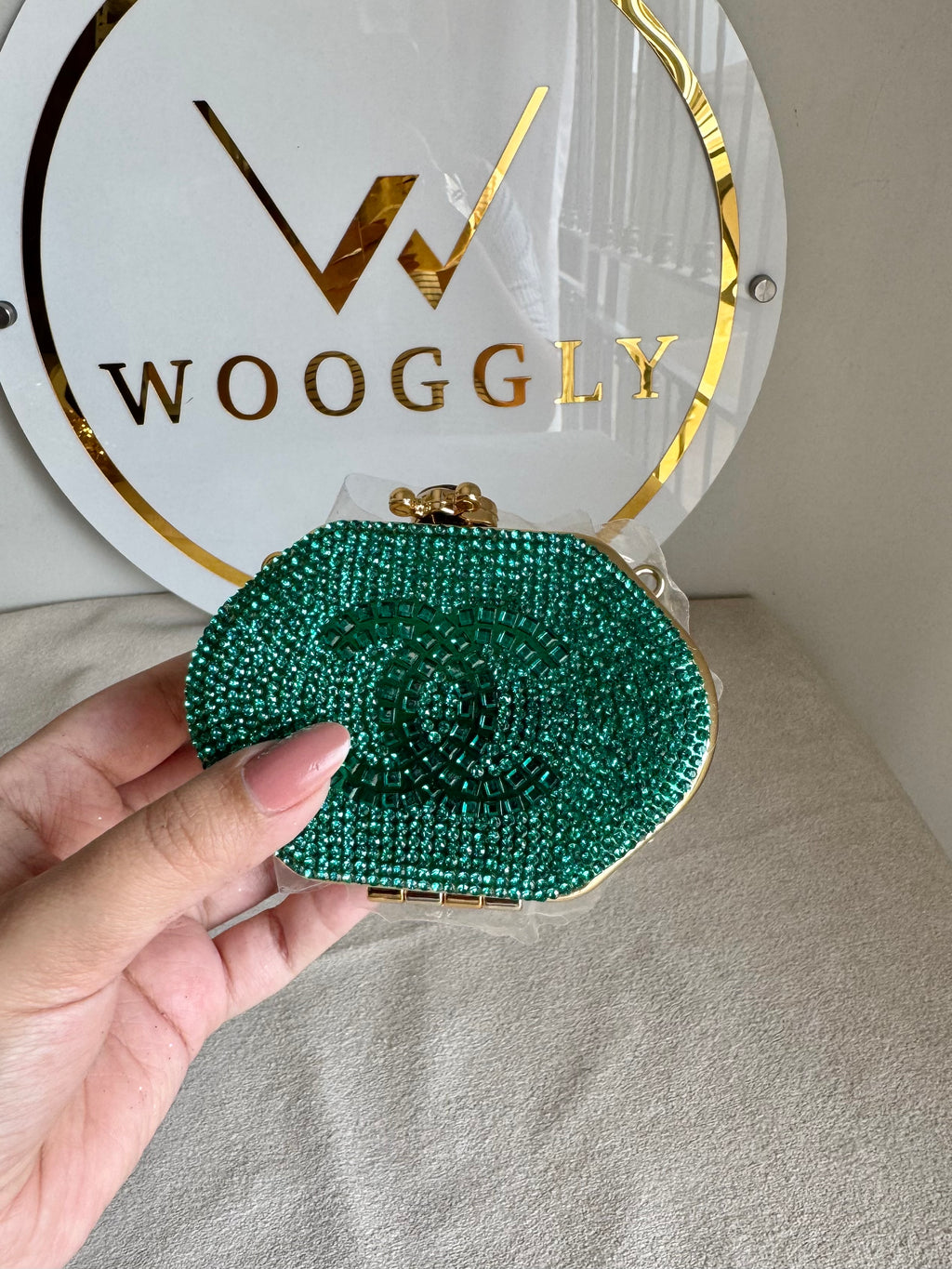 Mini Chanel Embellished Clutch with Chain - Turquoise