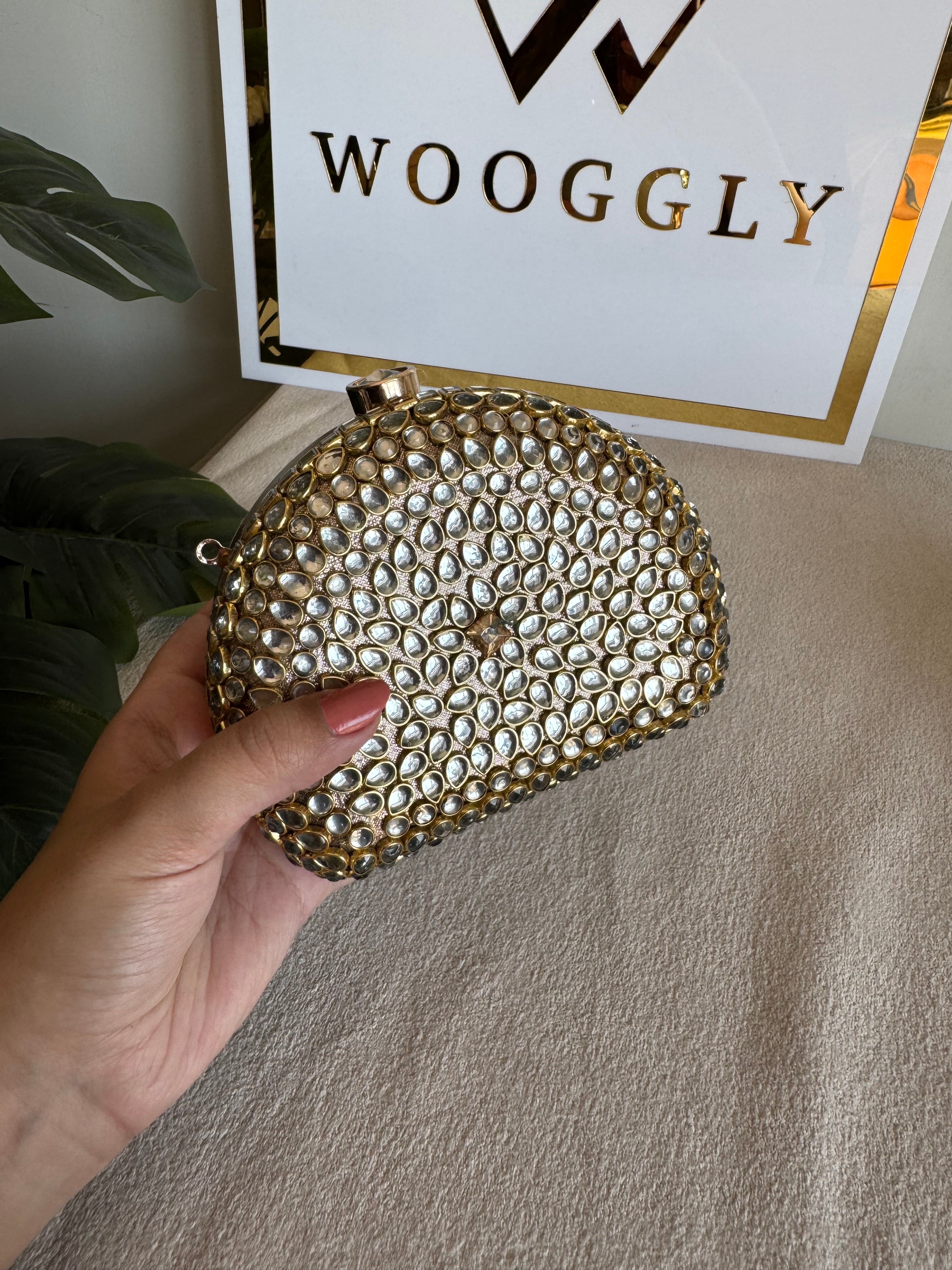 Afreen Kundan Clutch with Chain - Champagne Stone