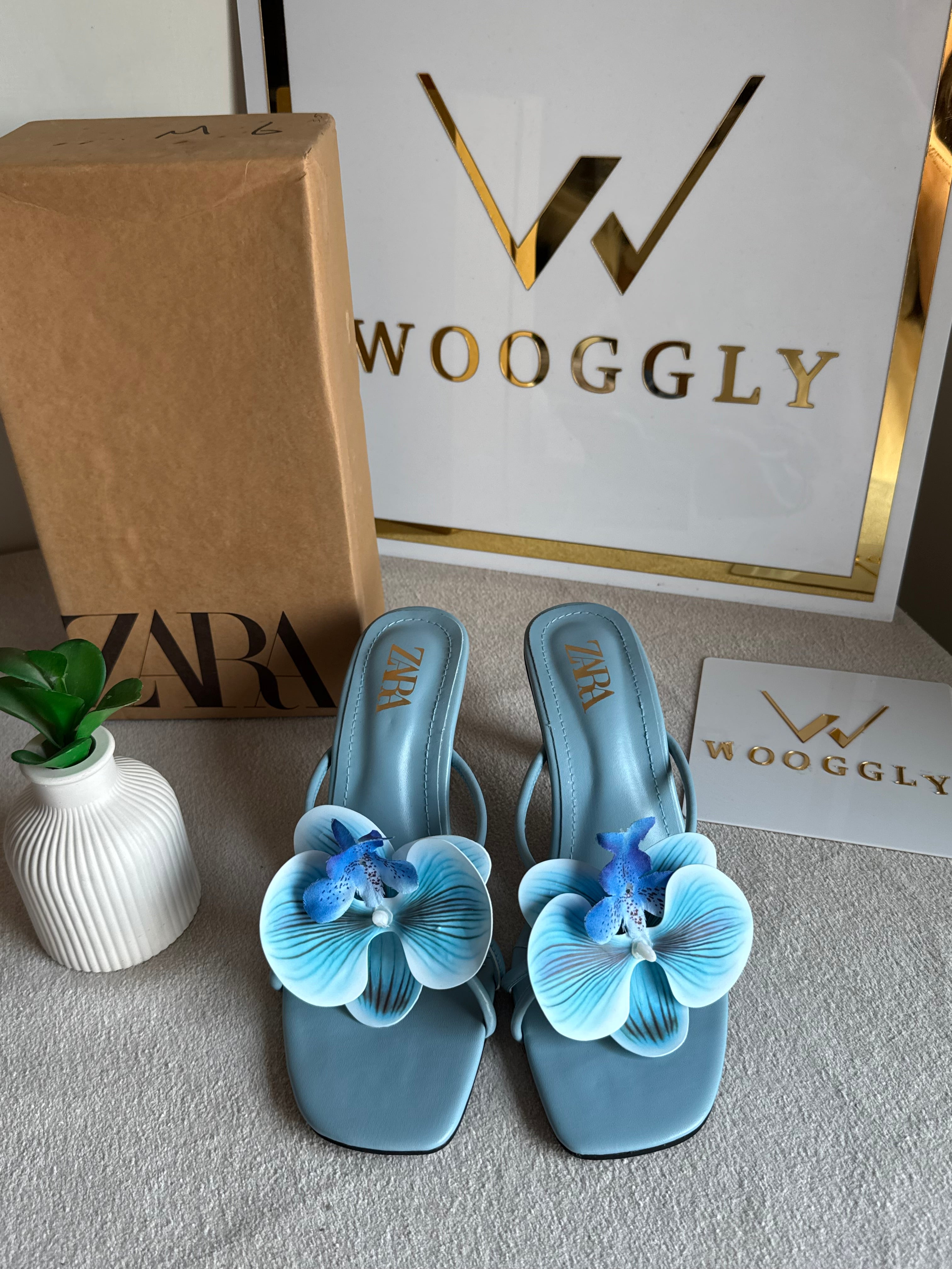 Zara Flower Heels BABY BLUE- with Brand Box