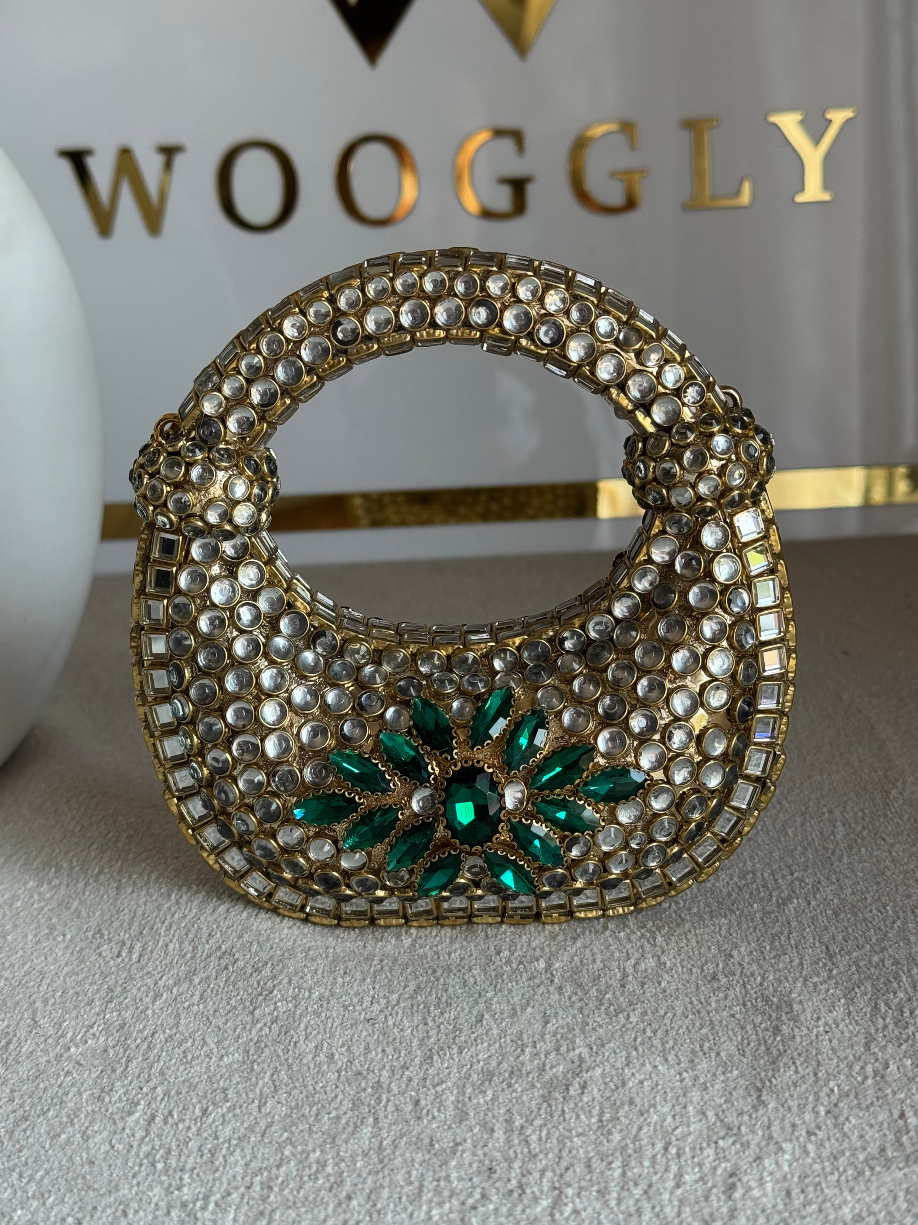 Kundan Classic Moon Clutch with Green Stone Embellishment