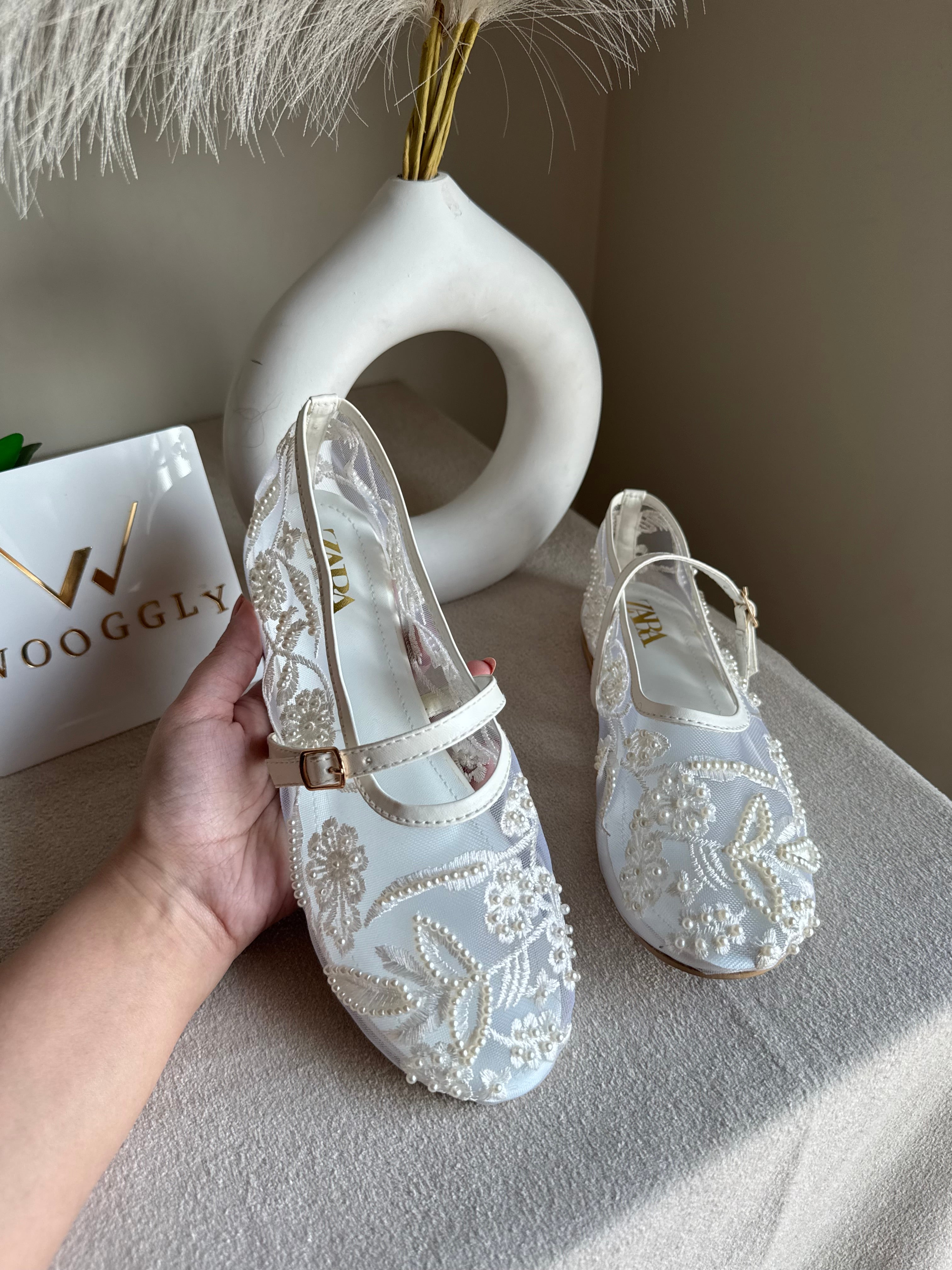 Zara Embroided Net Pumps - White