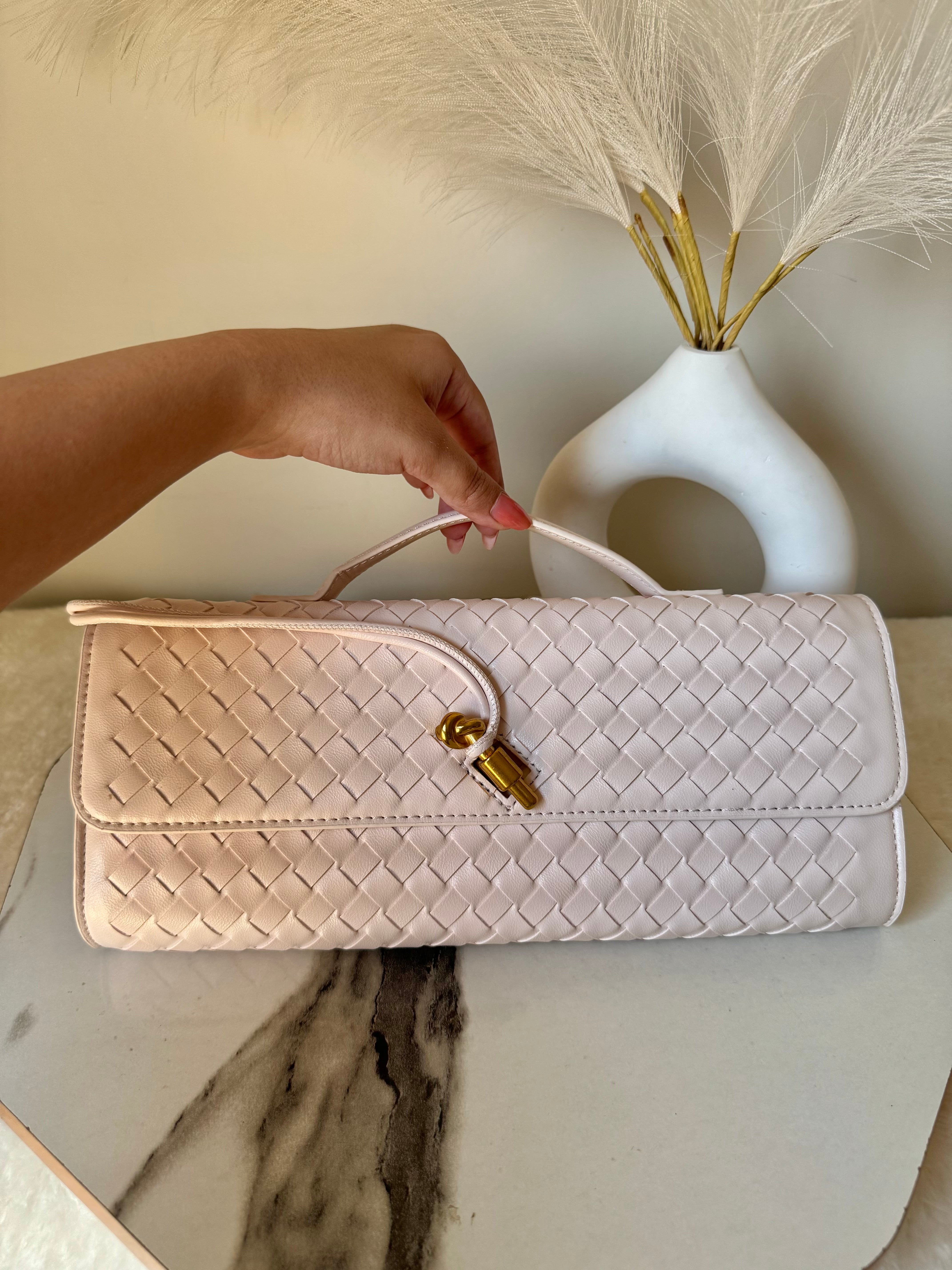 Bottega Veneta Inspired Clutch (Off White) with Long Strap