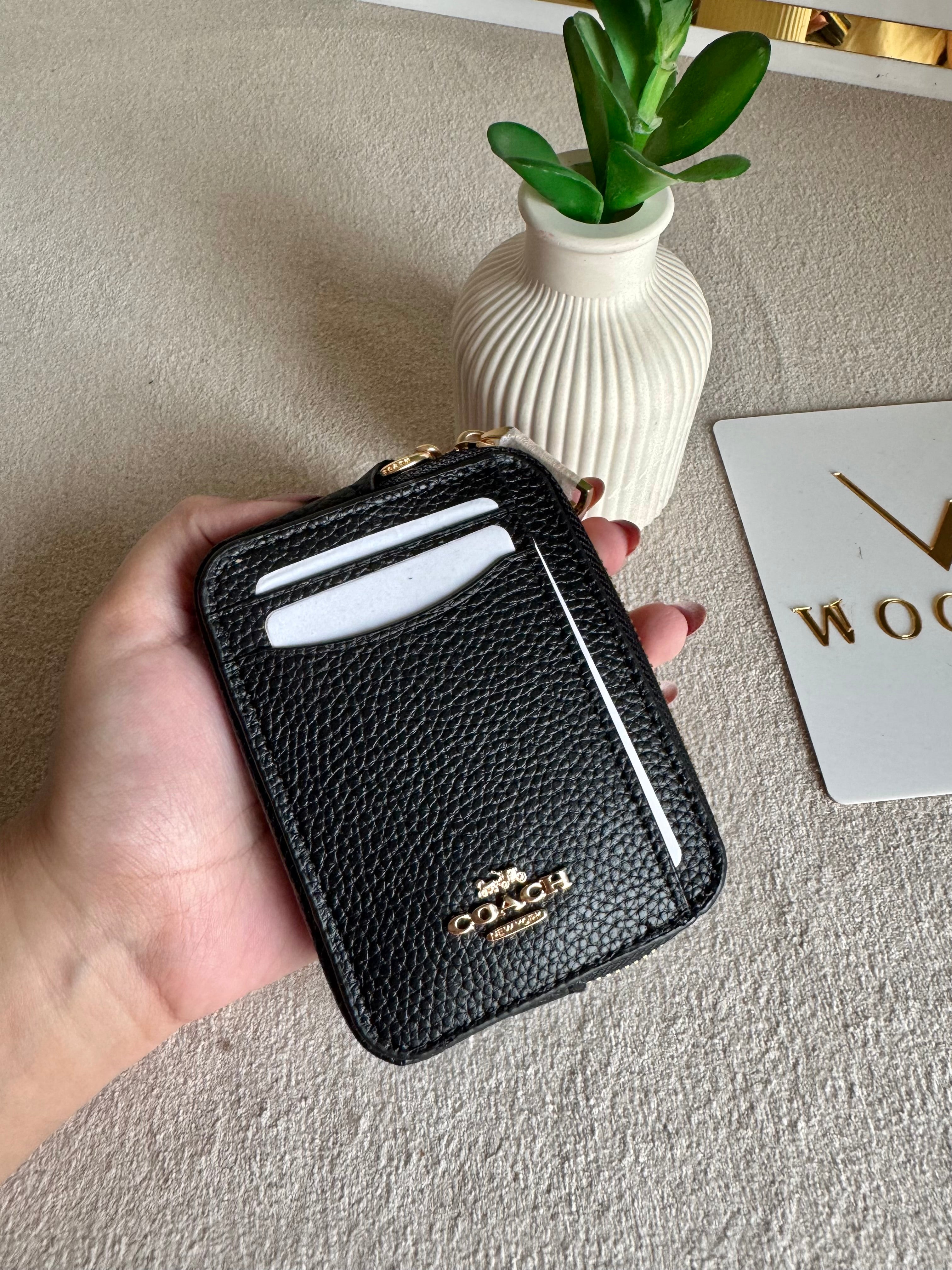 Coach Zip Card Case - Black with Gold Logo