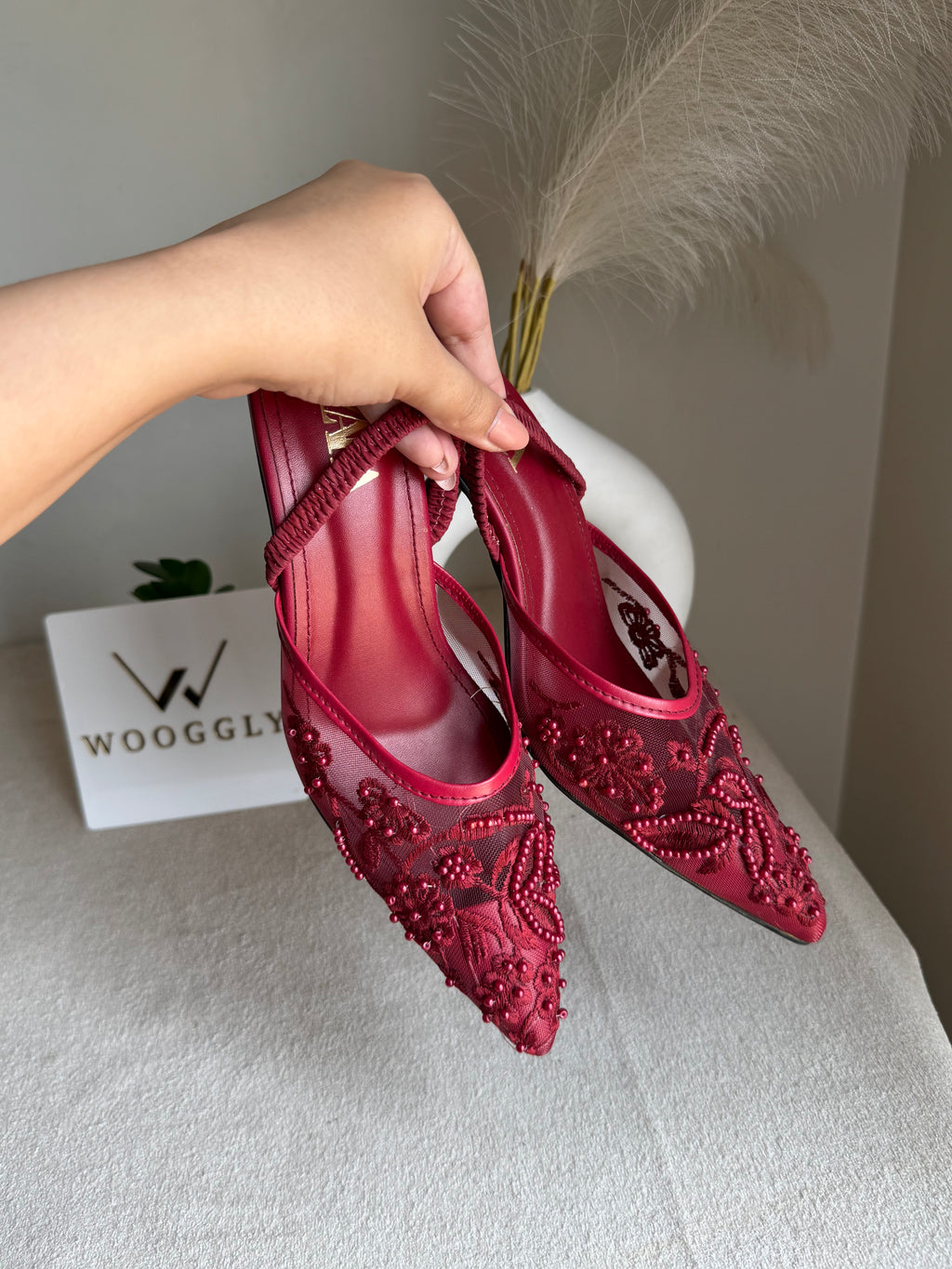 Zara Embroidered Net Heels - Maroon