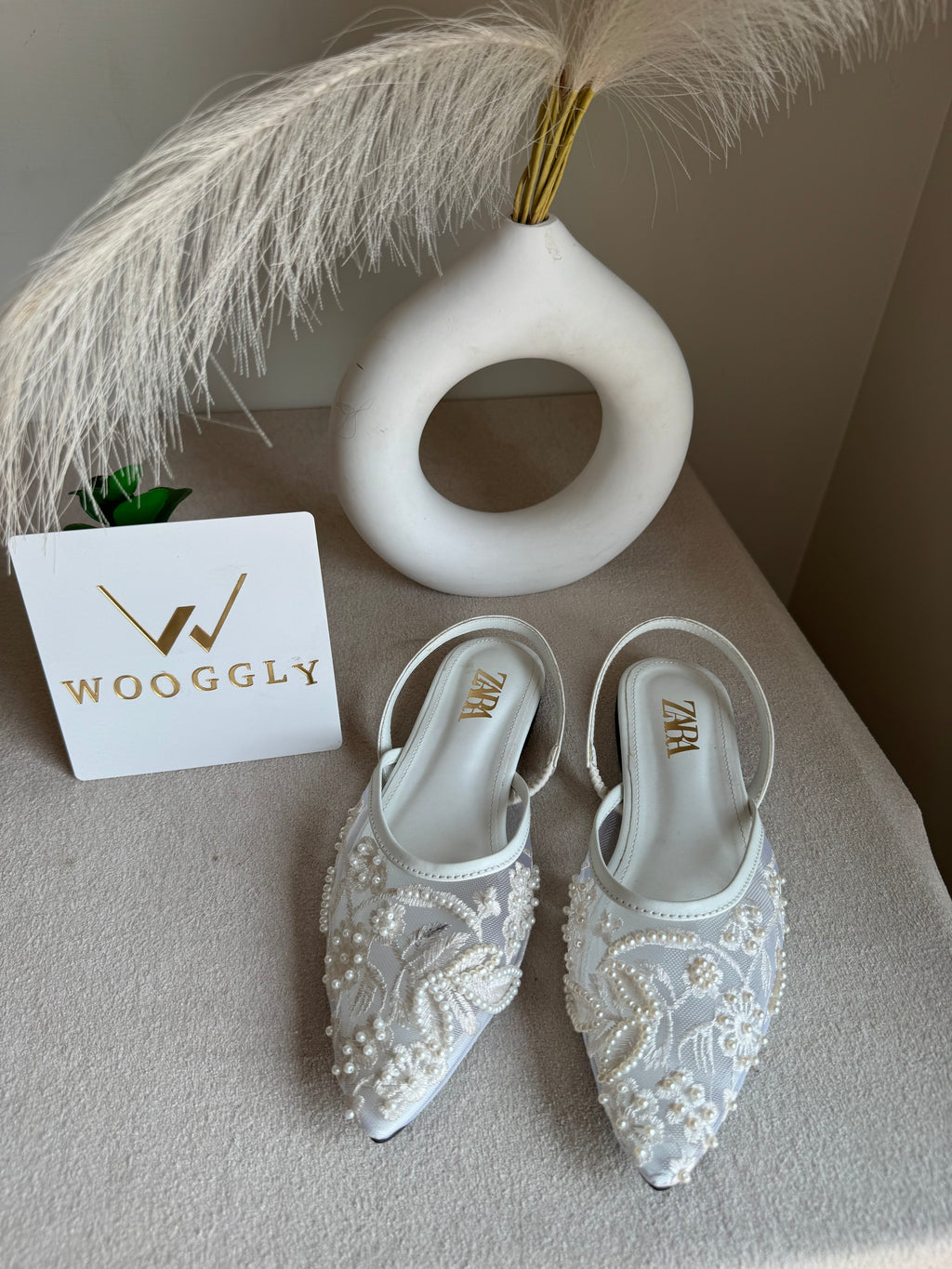 Zara Embroidered Mesh Slingback Flats  - White