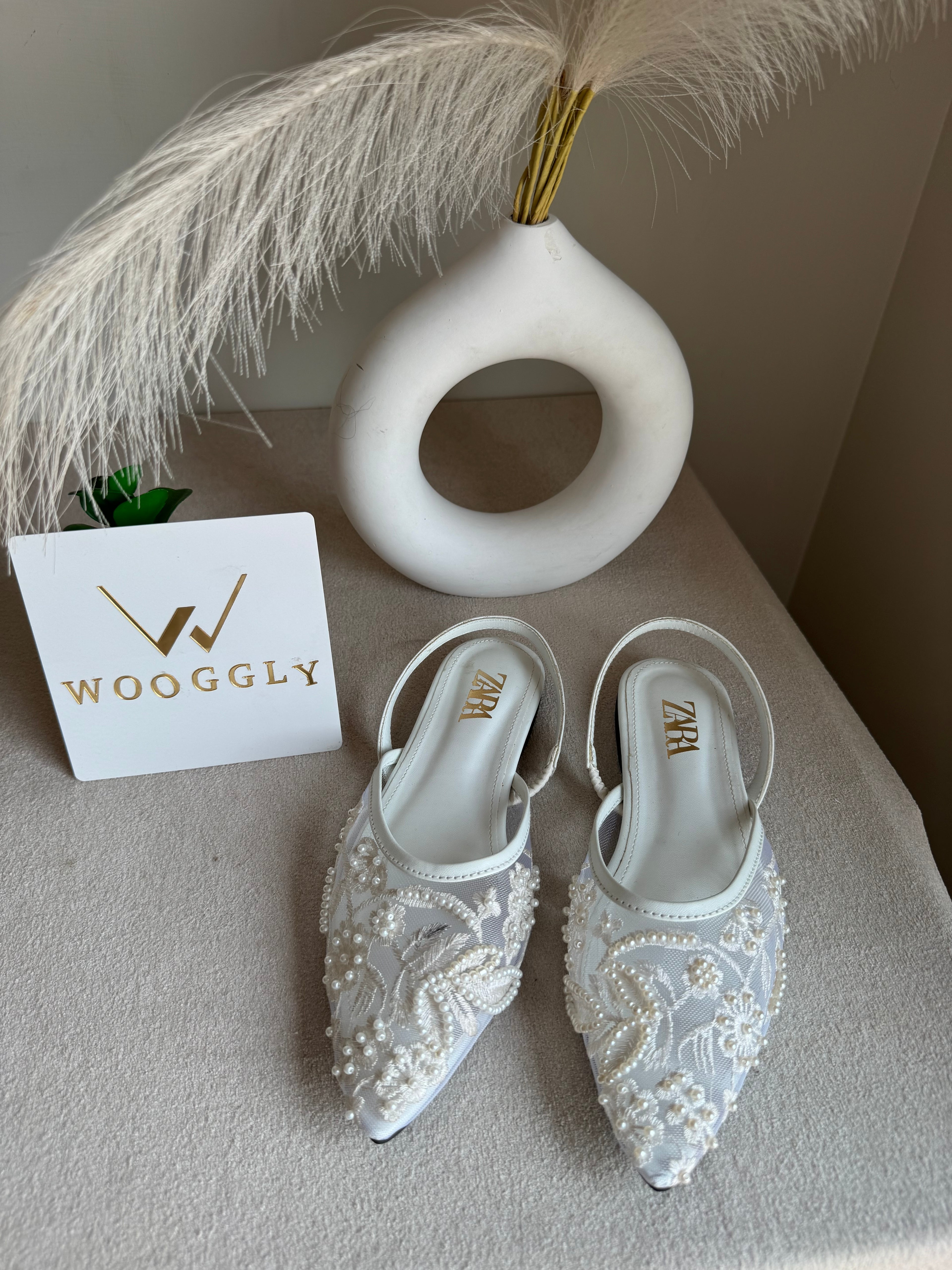 Zara Embroidered Mesh Slingback Flats  - White
