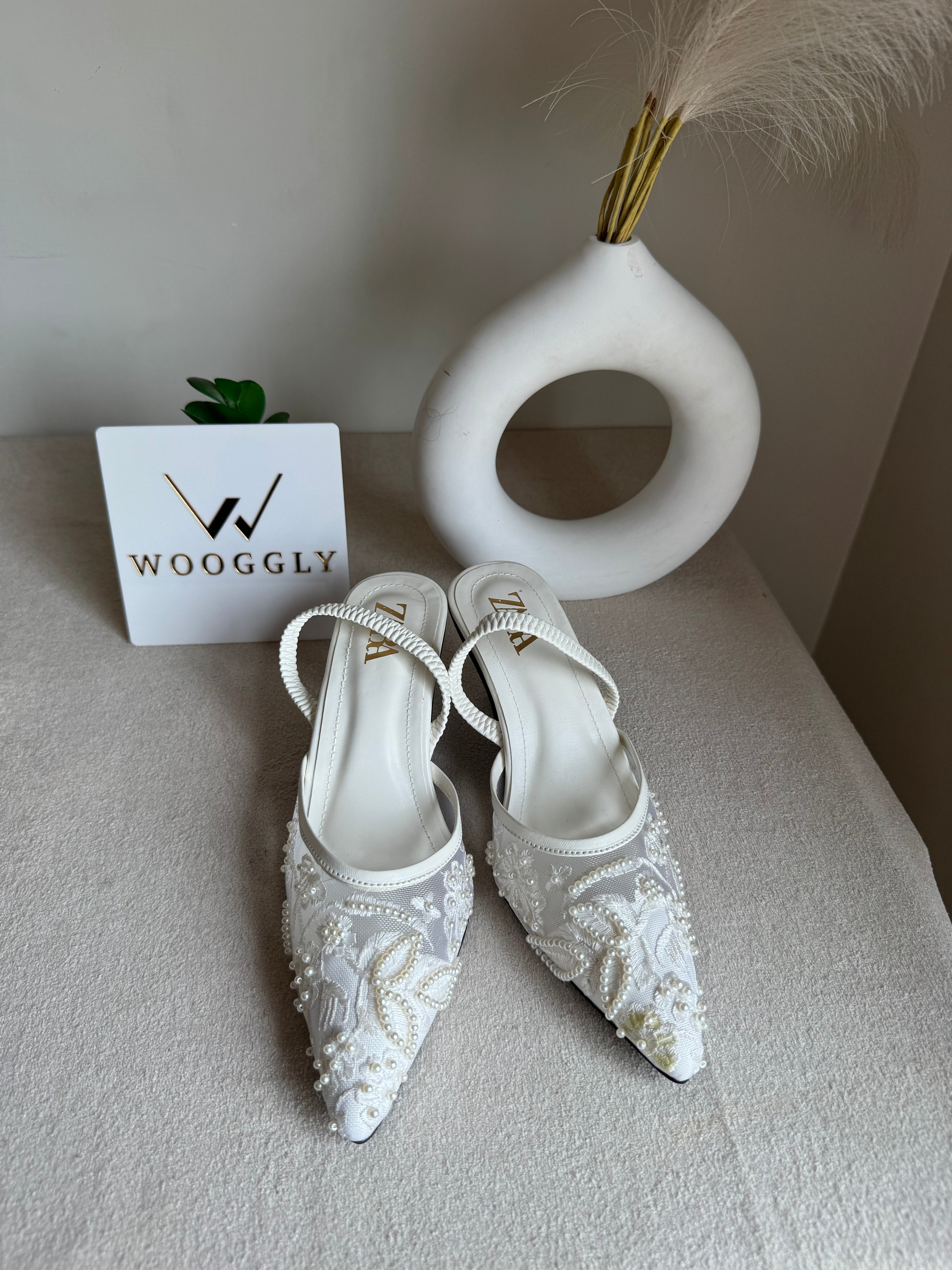 Zara Embroidered Net Heels - White
