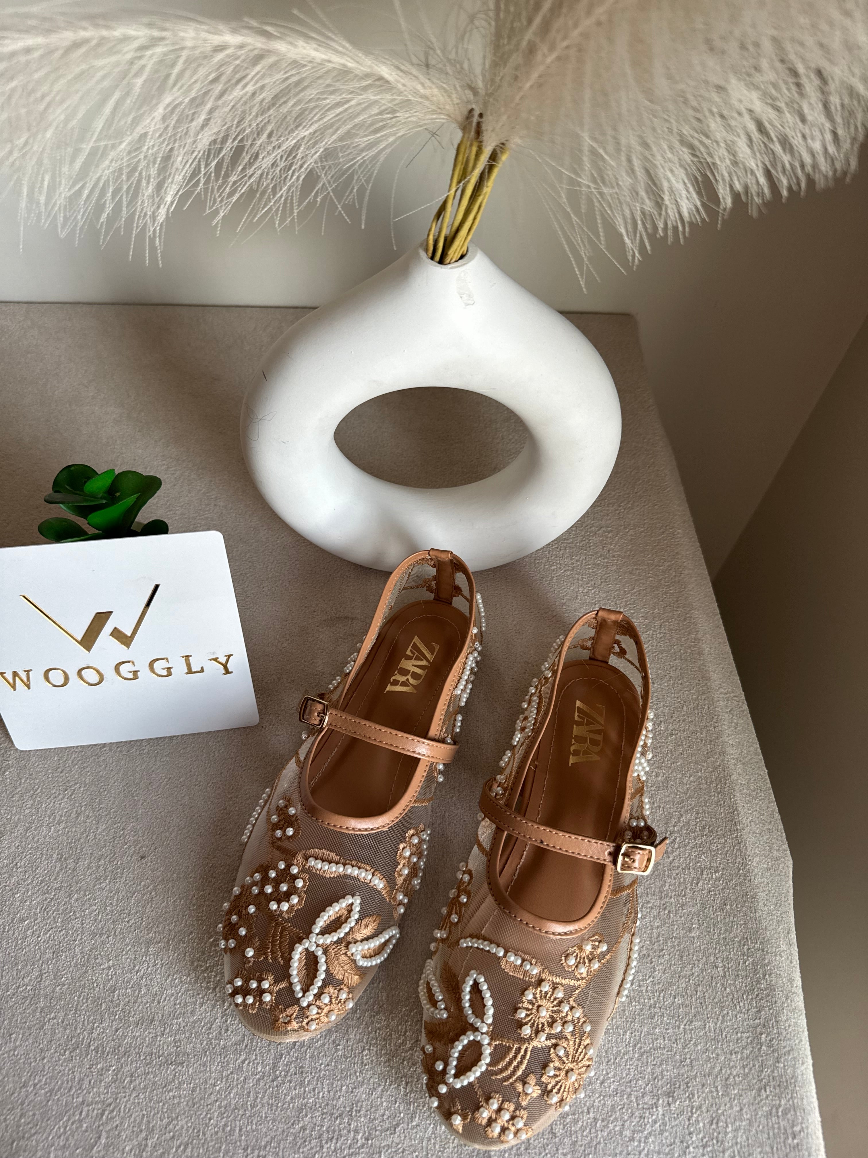 Zara Embroided Net Pumps - Beige