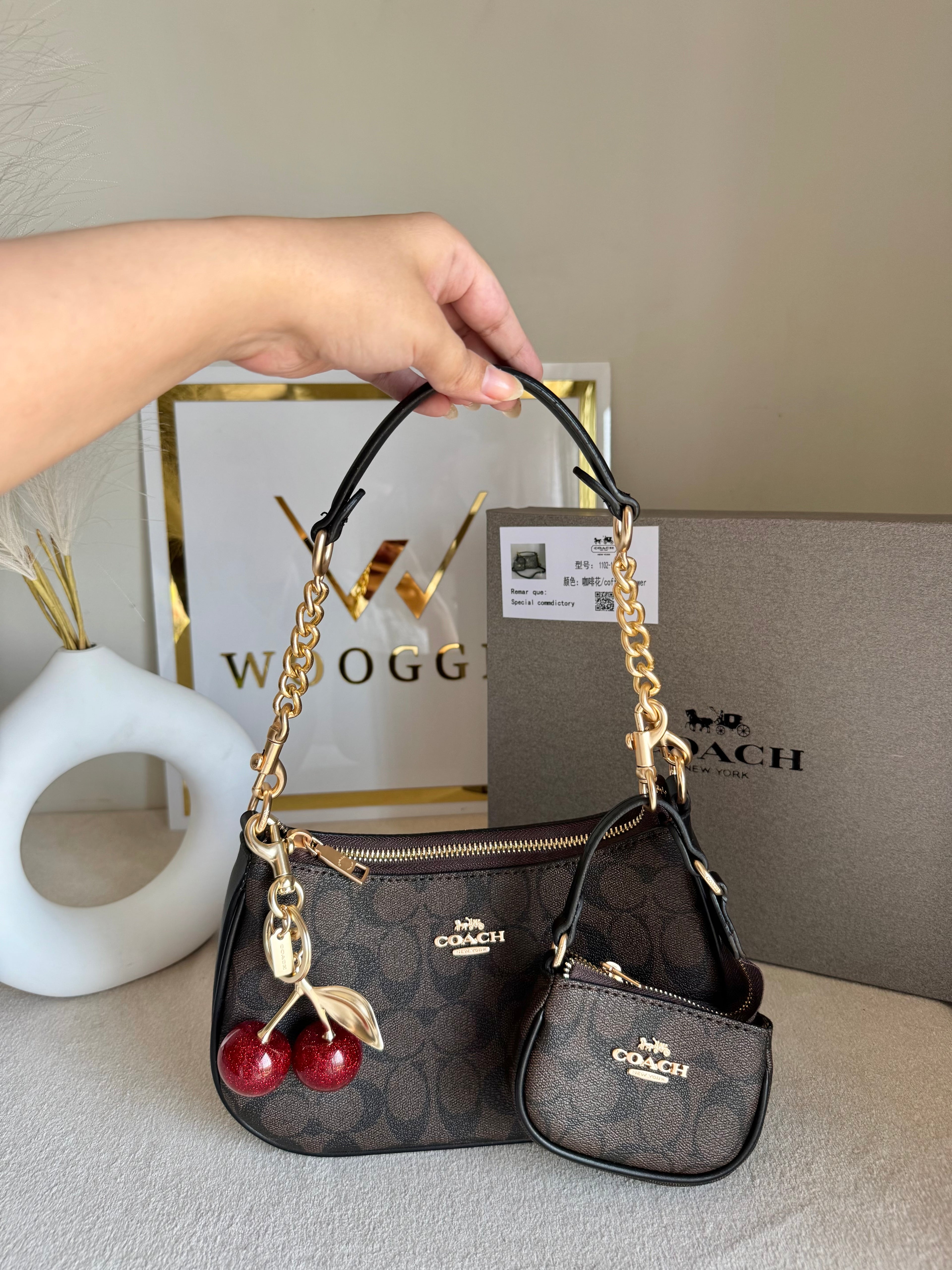 COACH Teri Gift Box with Baby Teri Charm & Coach Cherry Charm - Signature Brown