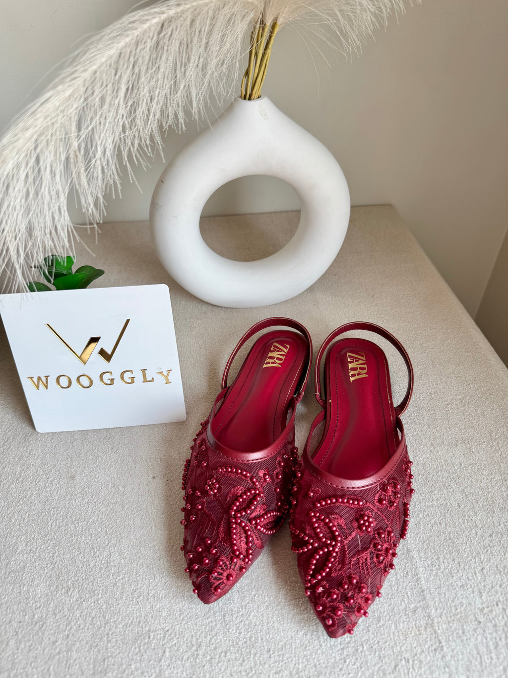 Zara Embroidered Mesh Slingback Flats  - Maroon
