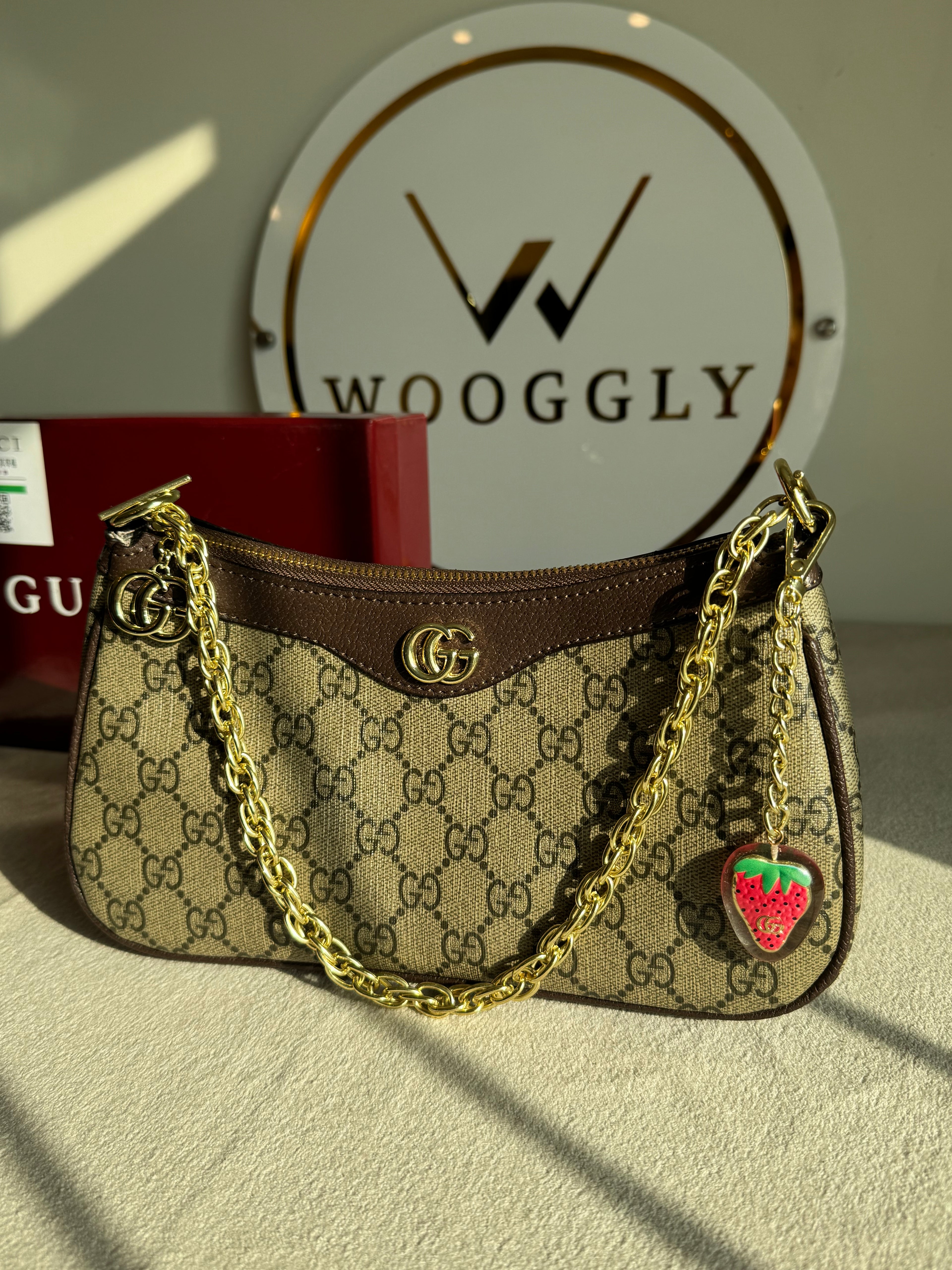 GUCCI Sling with Long Strap & Strawberry Charm - Signature Brown with Box Packing