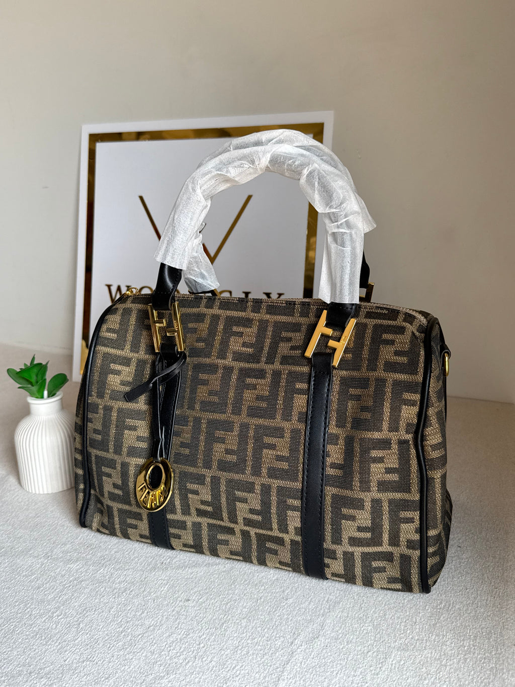 Fendi Signature Hand Bag - Black & Beige