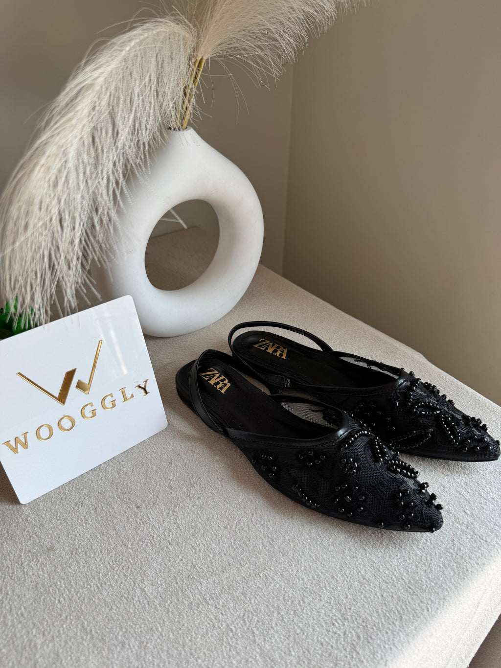 Zara Embroidered Mesh Slingback Flats  - Black