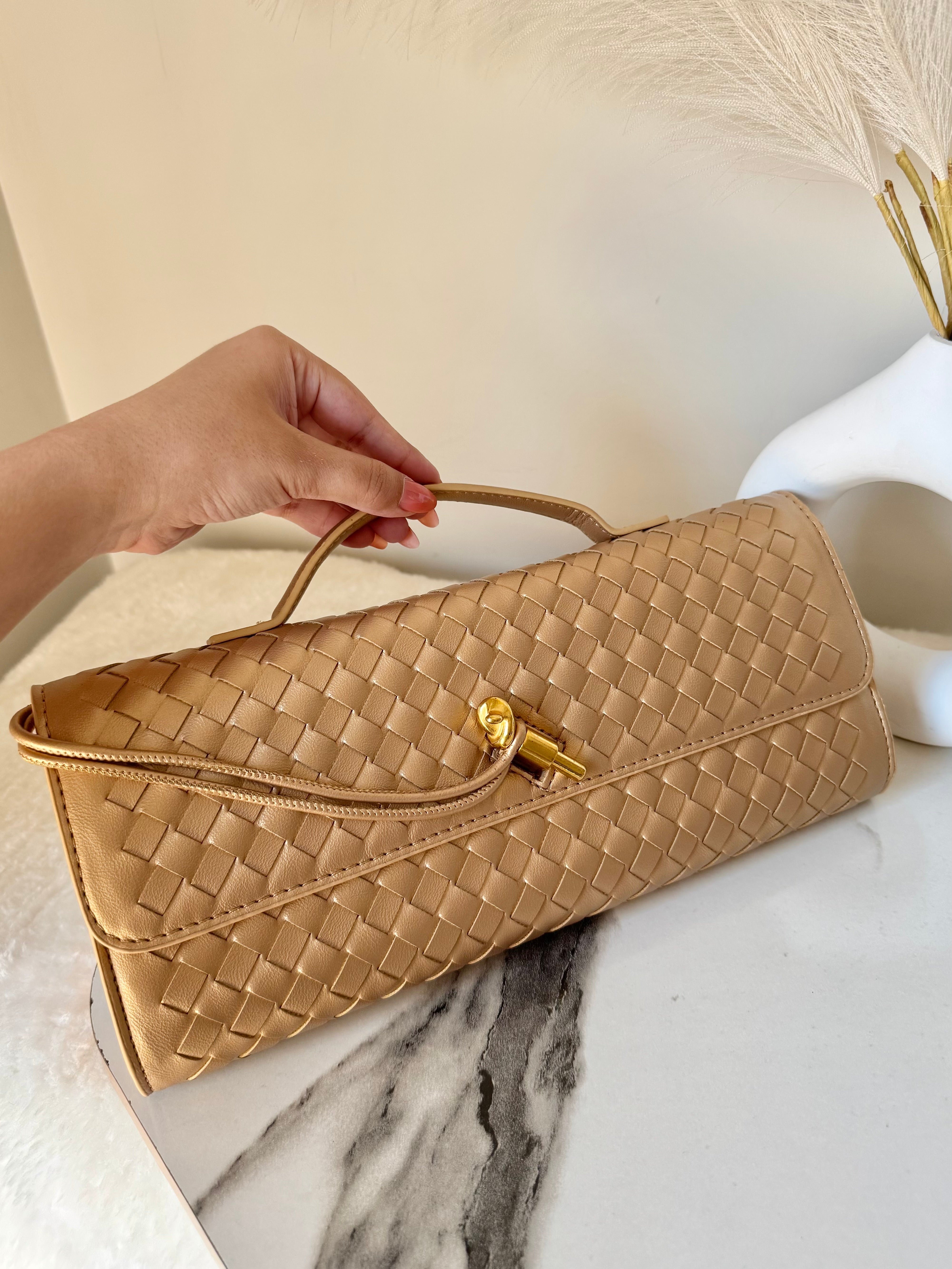 Bottega Veneta Inspired Clutch (Gold) with Long Strap
