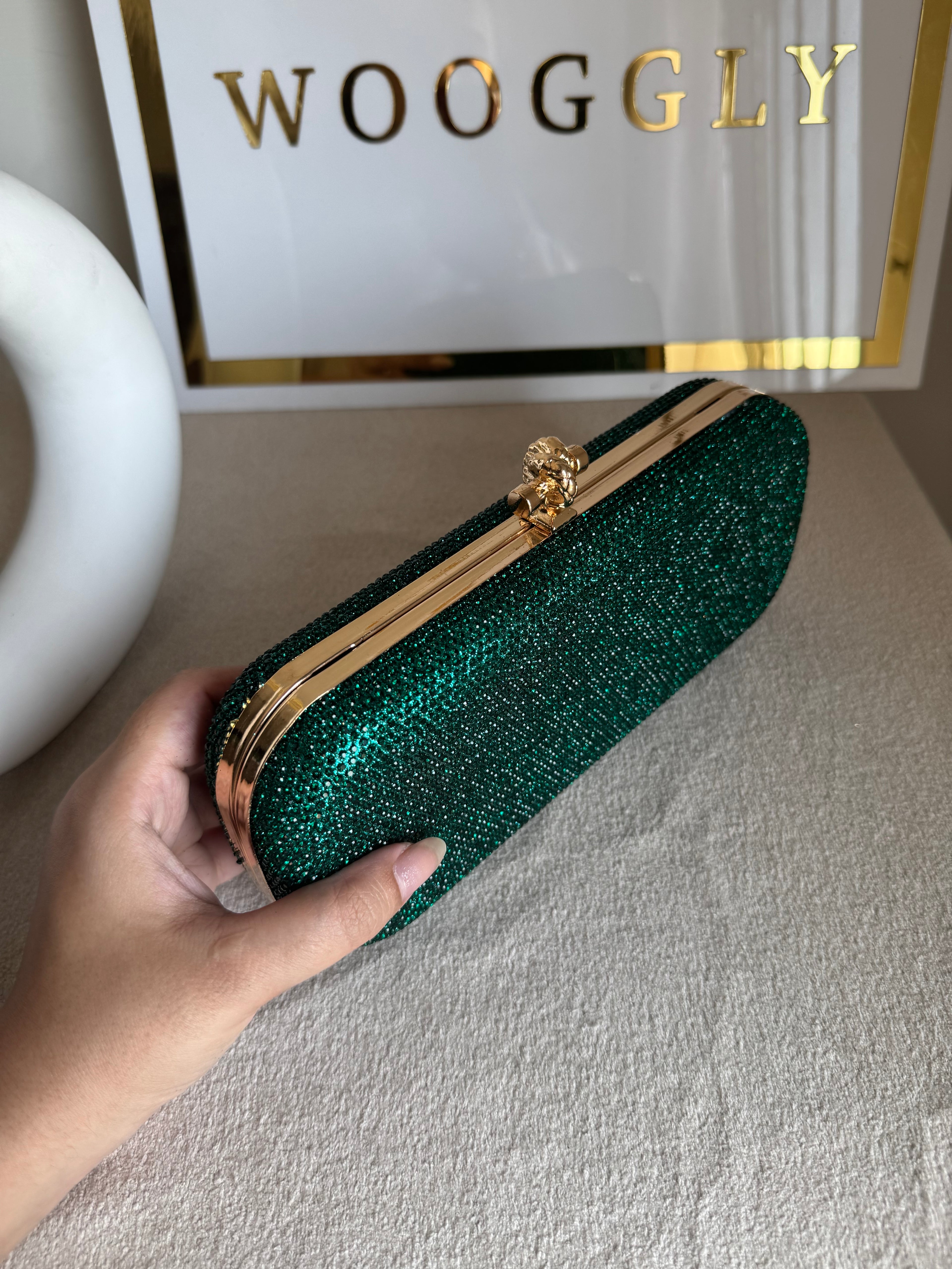 Bottega Shimmer Clutch - Green with Chain