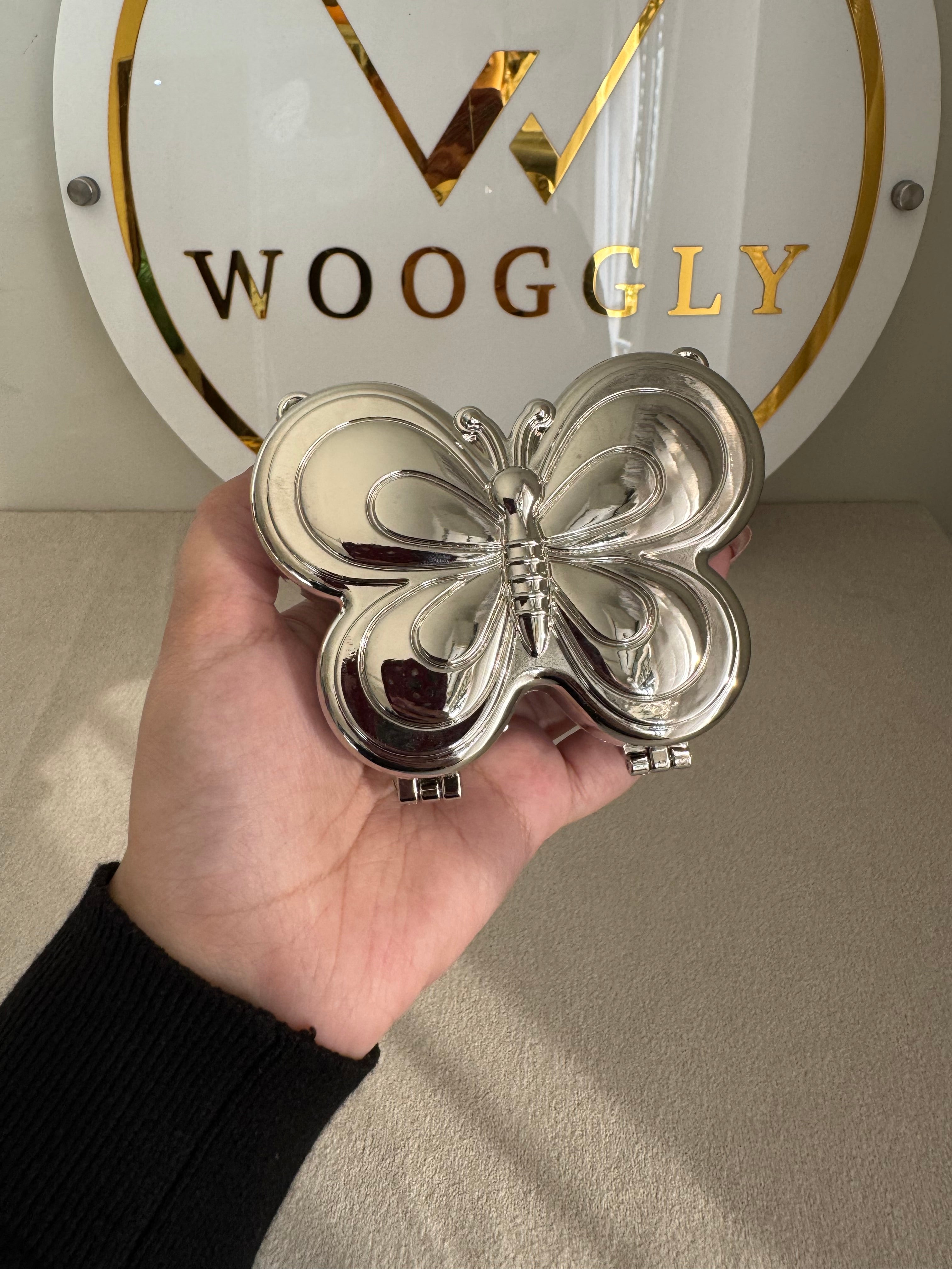 Metallic Butterfly Clutch with Chain - Mini Silver