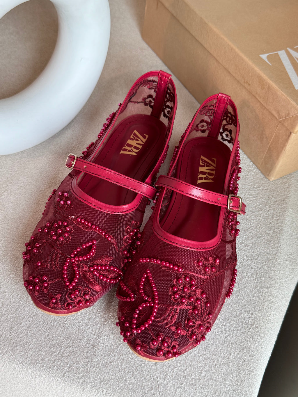 Zara Embroided Net Pumps - Maroon